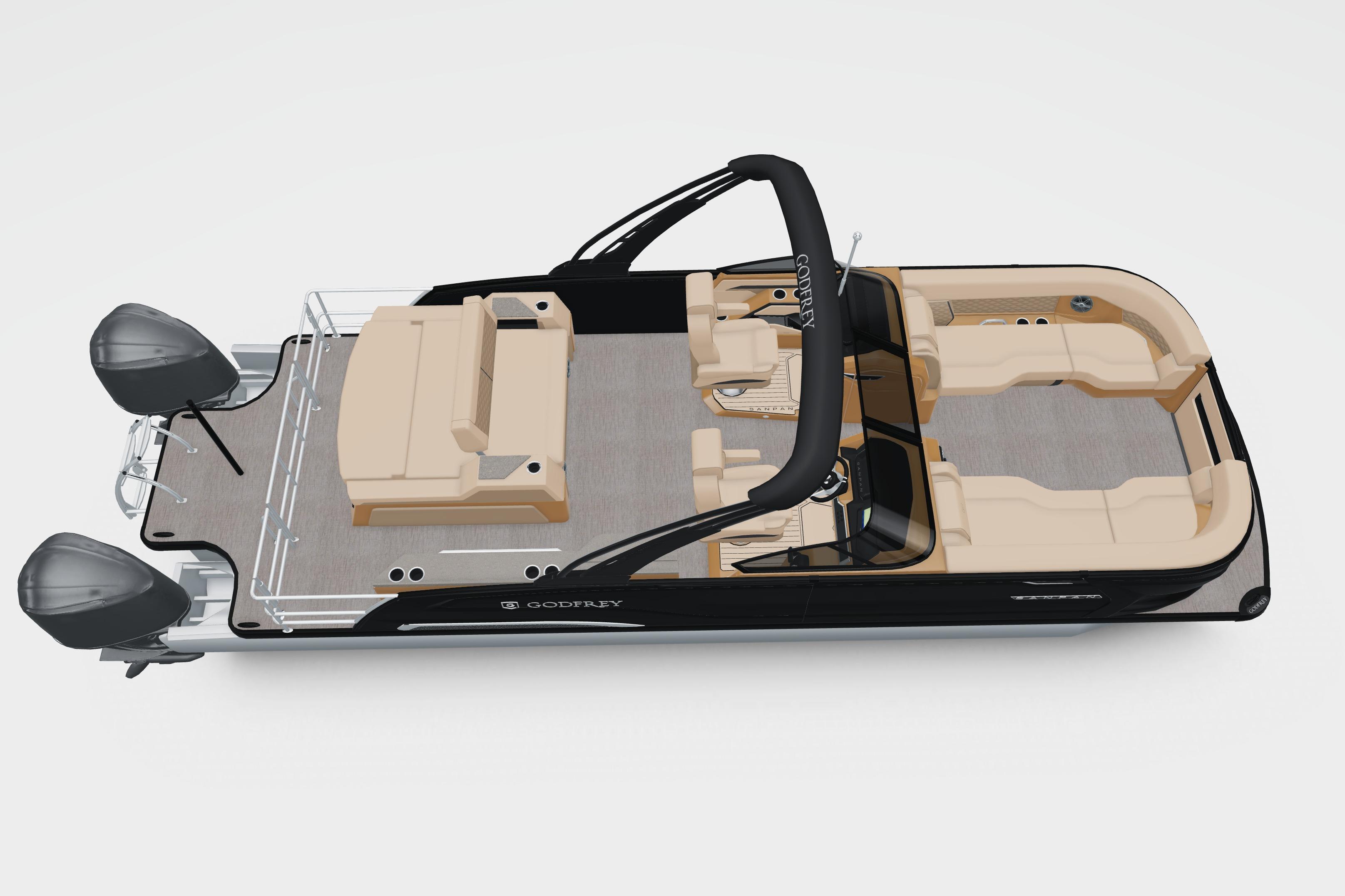 2026 Godfrey Sanpan 27' Tritoon with twin engines and luxurious seating.