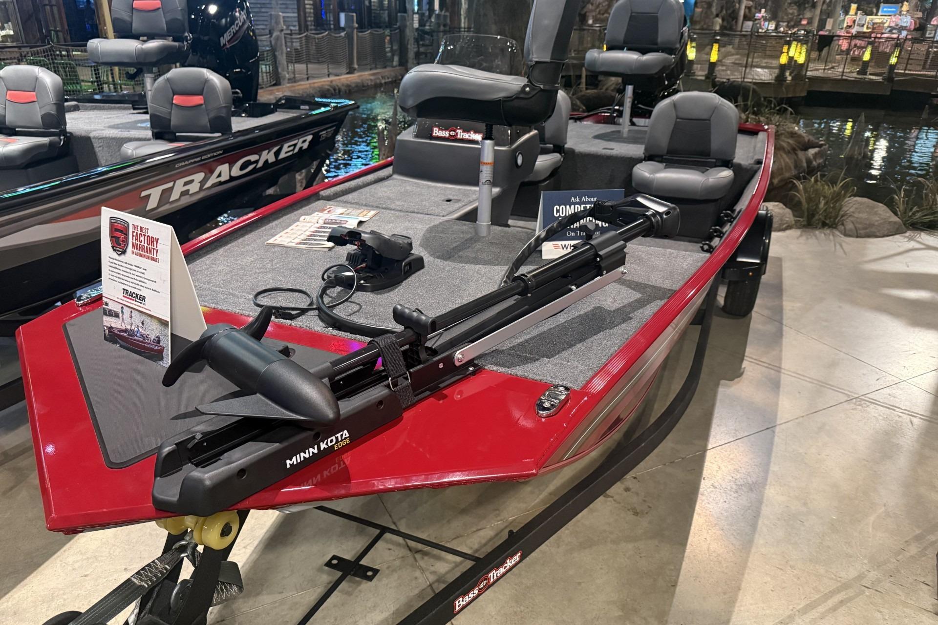 2026 Tracker Bass Tracker Classic XL boat with Minn Kota trolling motor on display.