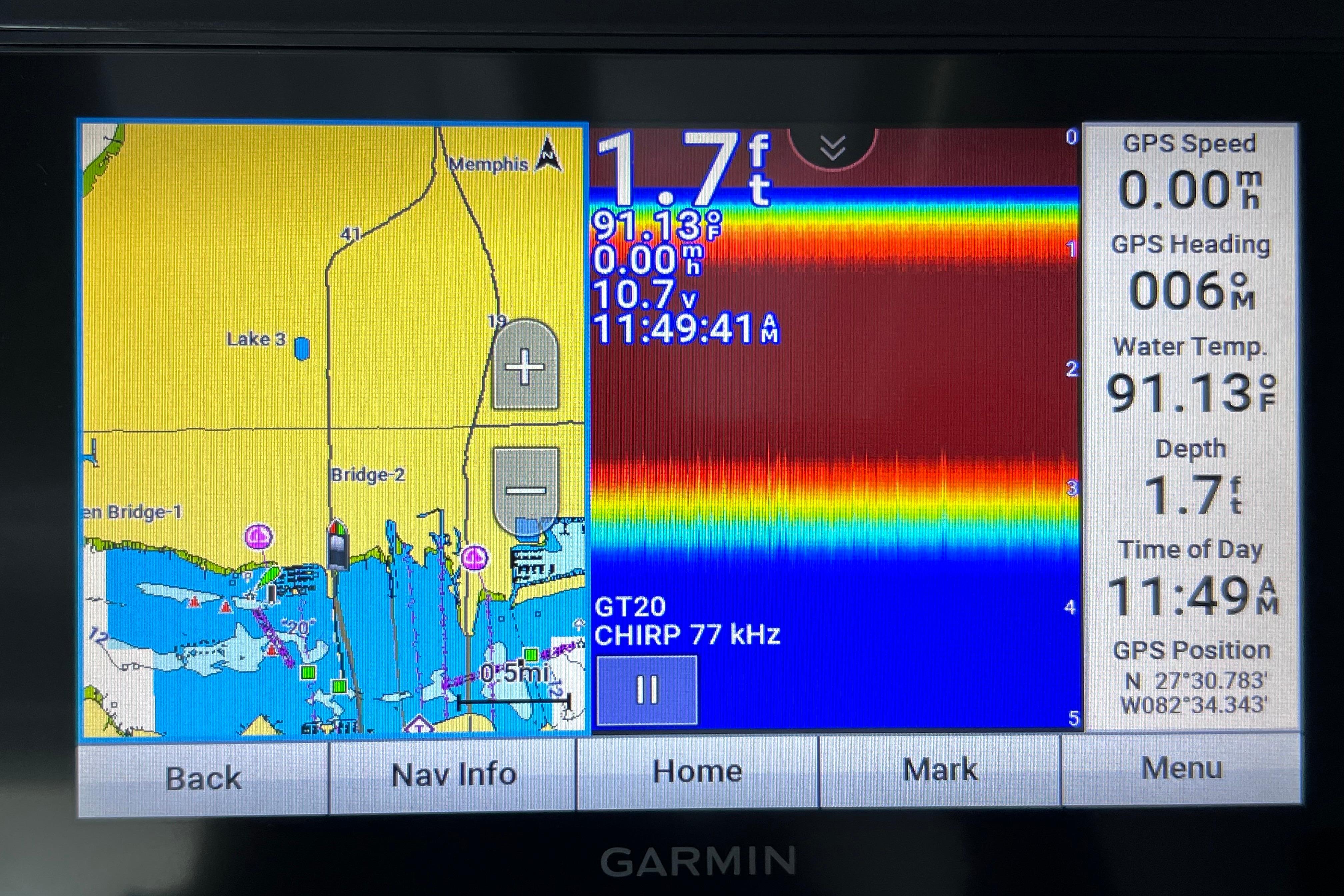 Garmin navigation display on Jeanneau NC Weekender 795 Series 2, showing map and sonar data.