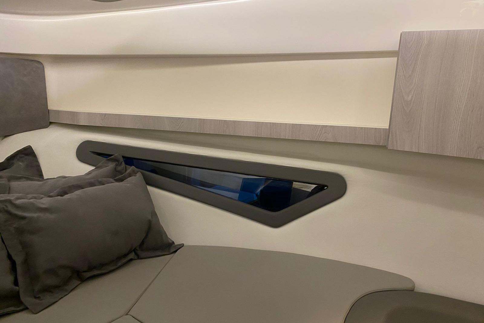 Interior of 2026 Hanover 375 boat with modern design and comfortable seating.