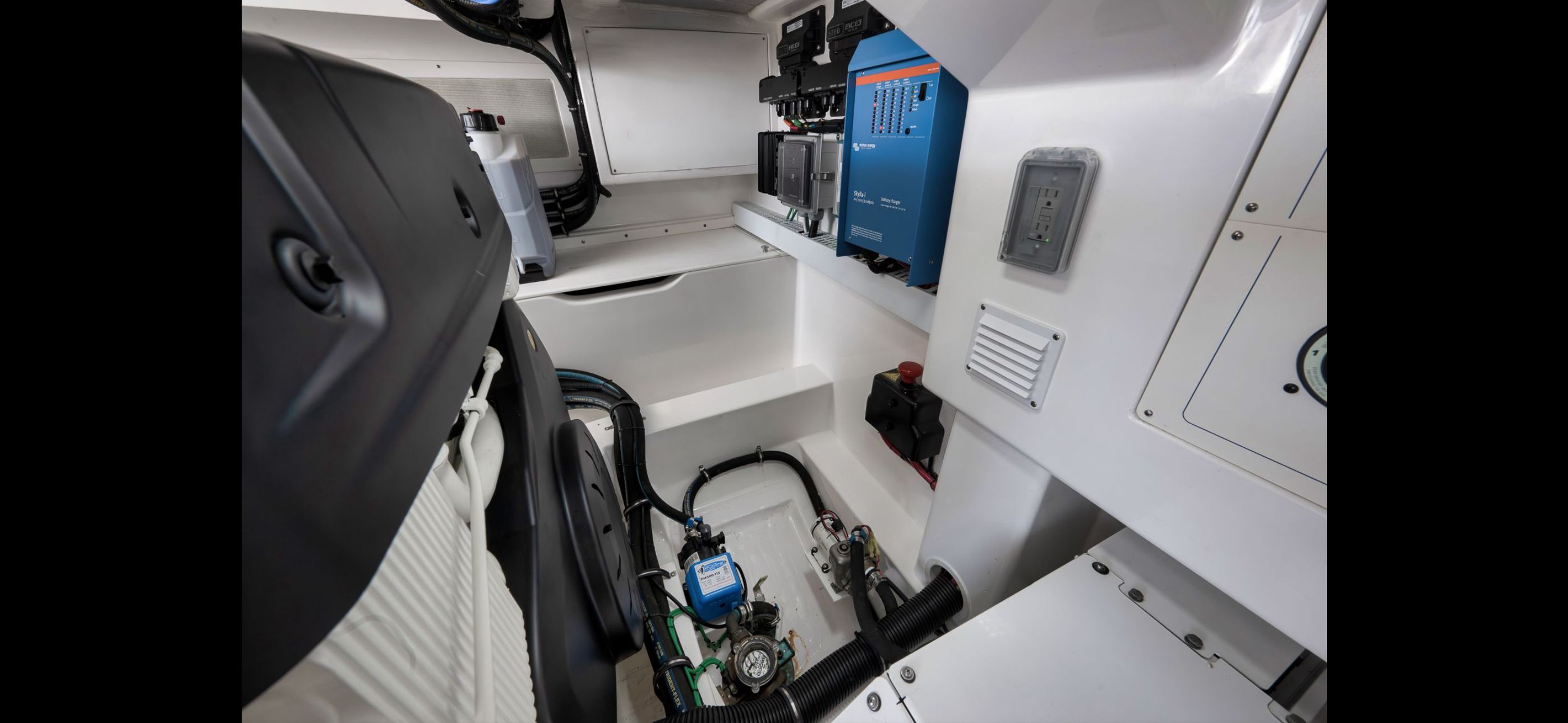 Interior of 2022 Mag Bay 42 Express with technical equipment.