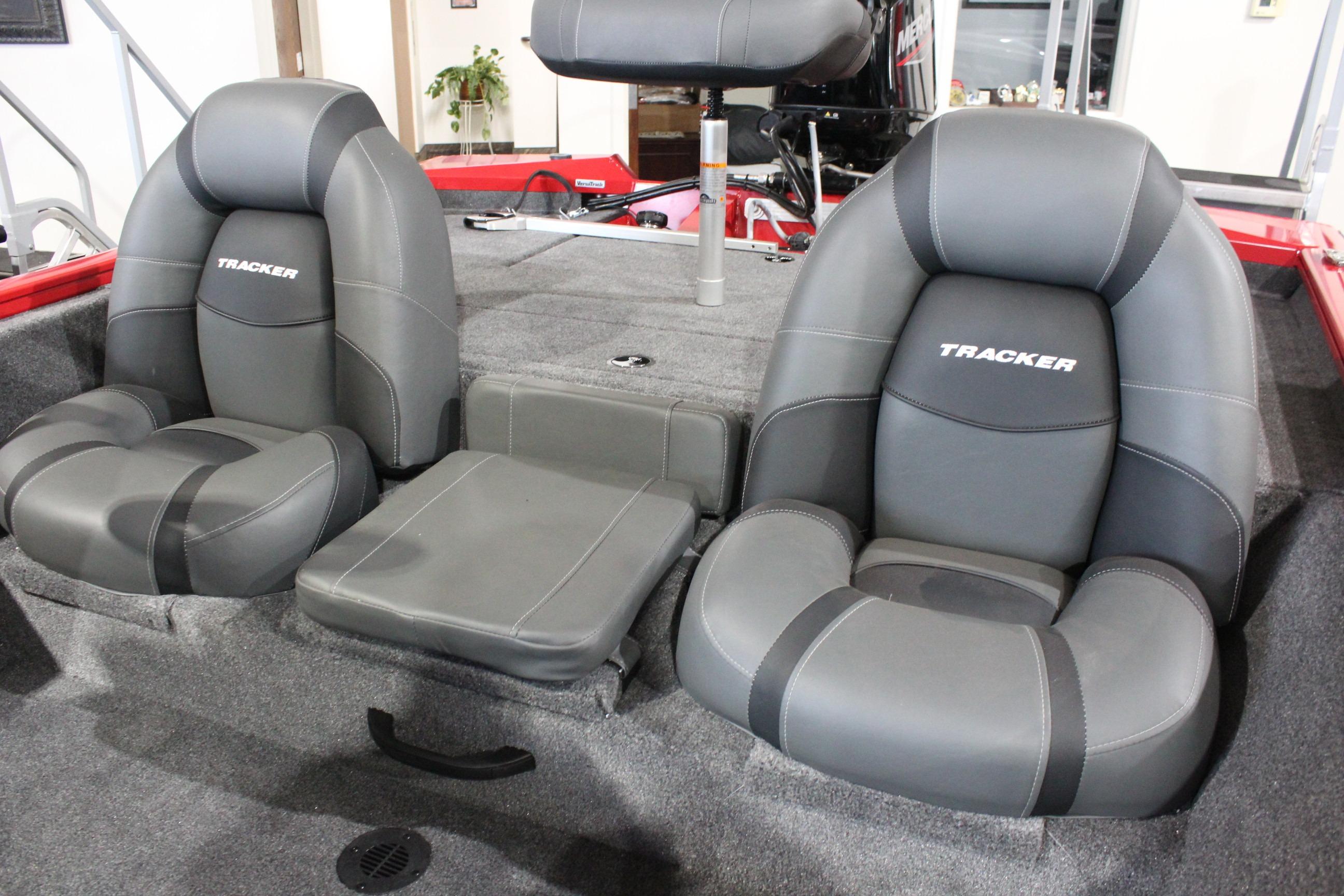 2026 Tracker Pro Team 175 boat interior with gray cushioned seats.