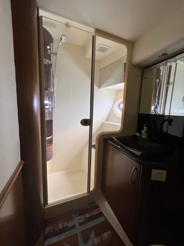 Compact bathroom in a 2009 Ovation 52 yacht with shower and sink.