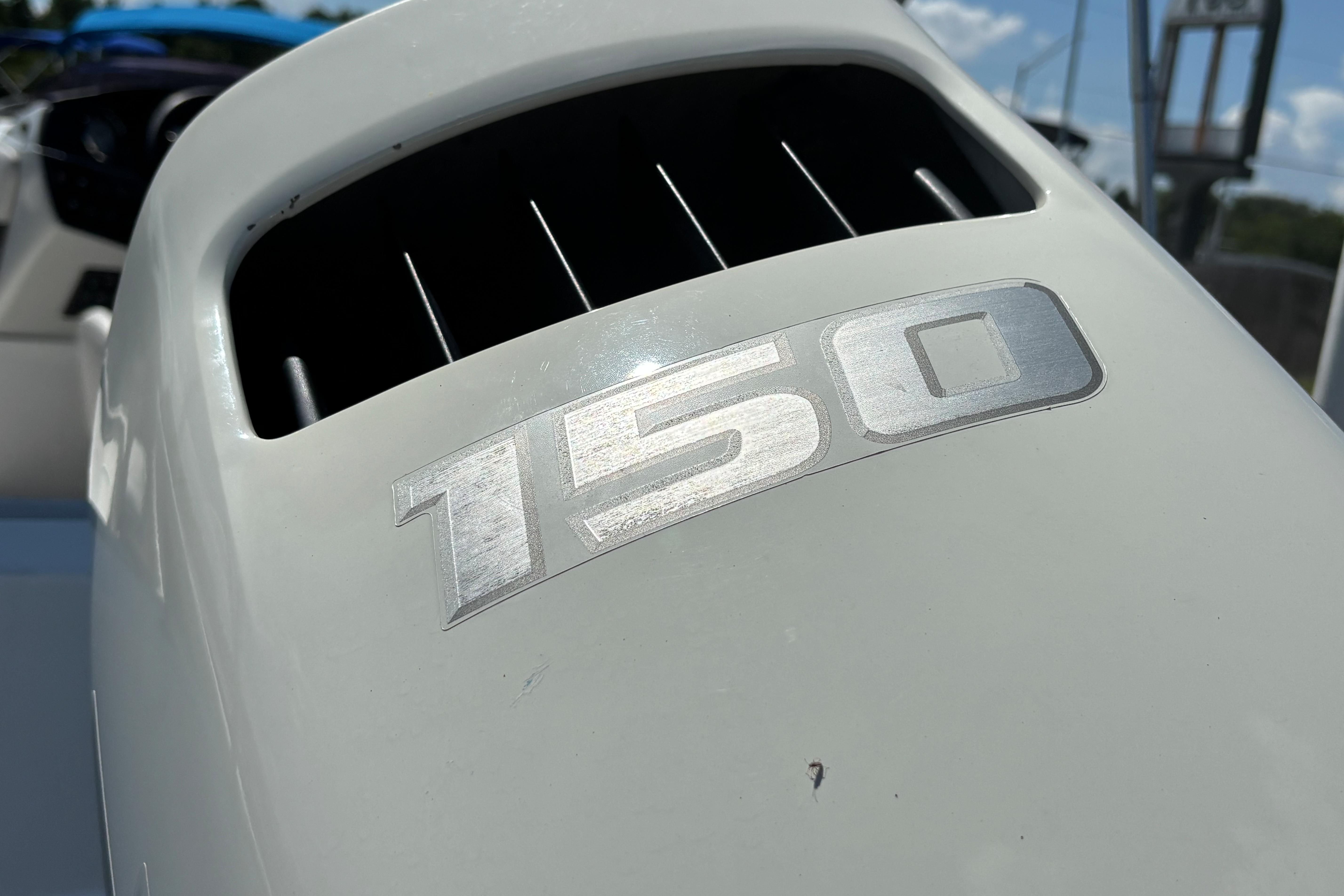 Close-up of a 150 horsepower outboard motor on a 2019 Hurricane Sundeck Sport 218 OB.