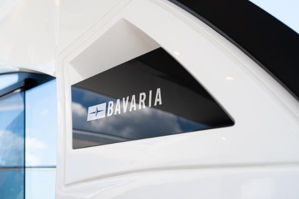 Bavaria SR41 2022 yacht logo on sleek white exterior.