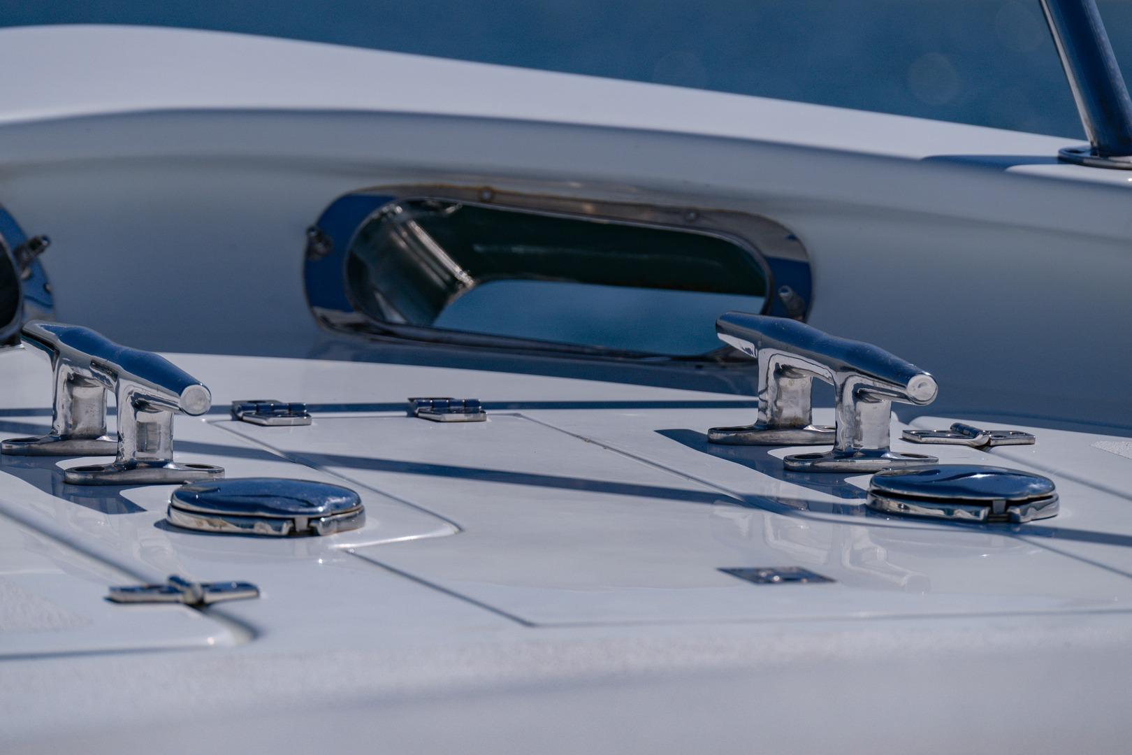 Close-up of 2020 Island Gypsy Newport 460 yacht deck with chrome fittings.