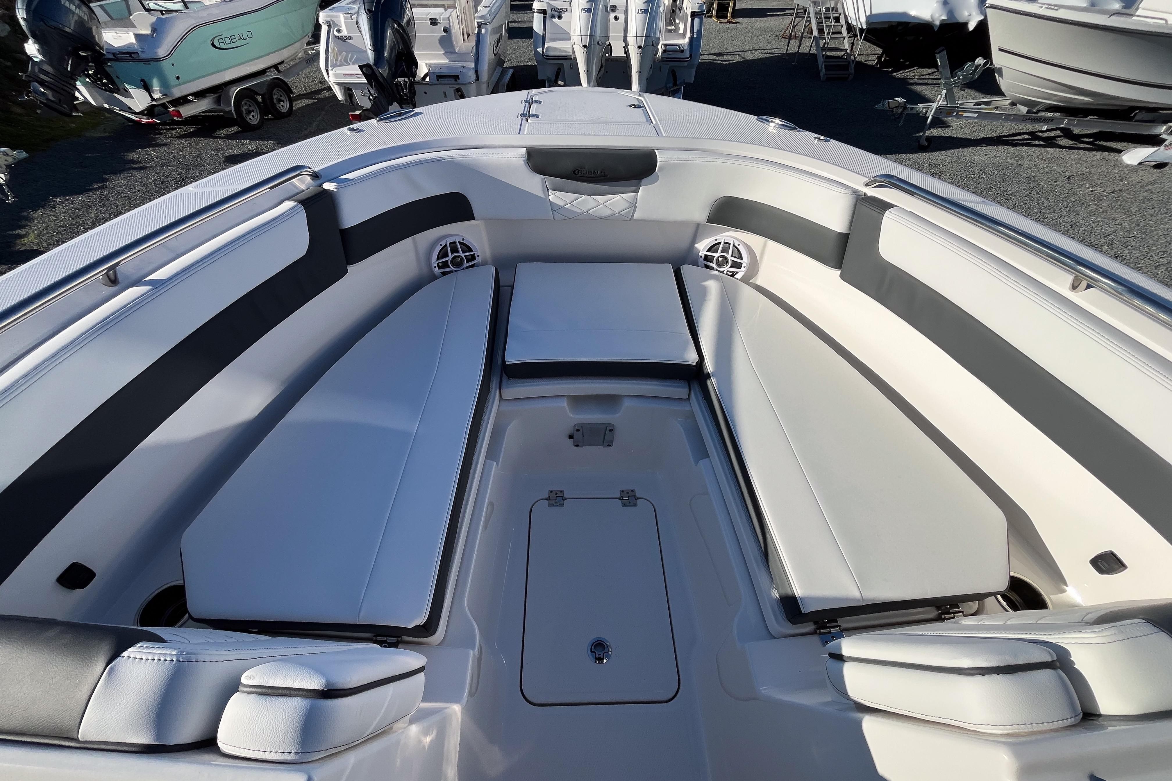 2026 Robalo R257 Dual Console boat interior with spacious seating and storage.