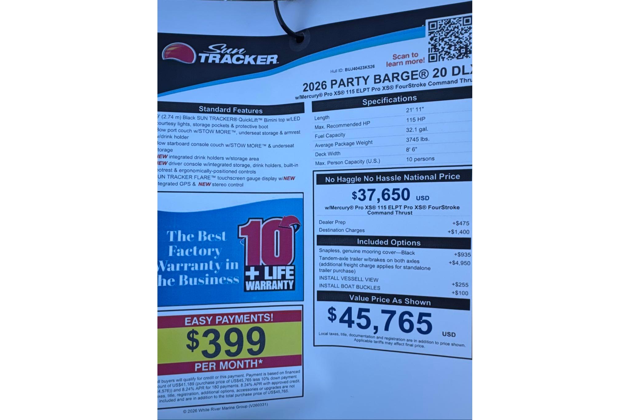 2026 Sun Tracker Party Barge 20 DLX specifications and pricing details.