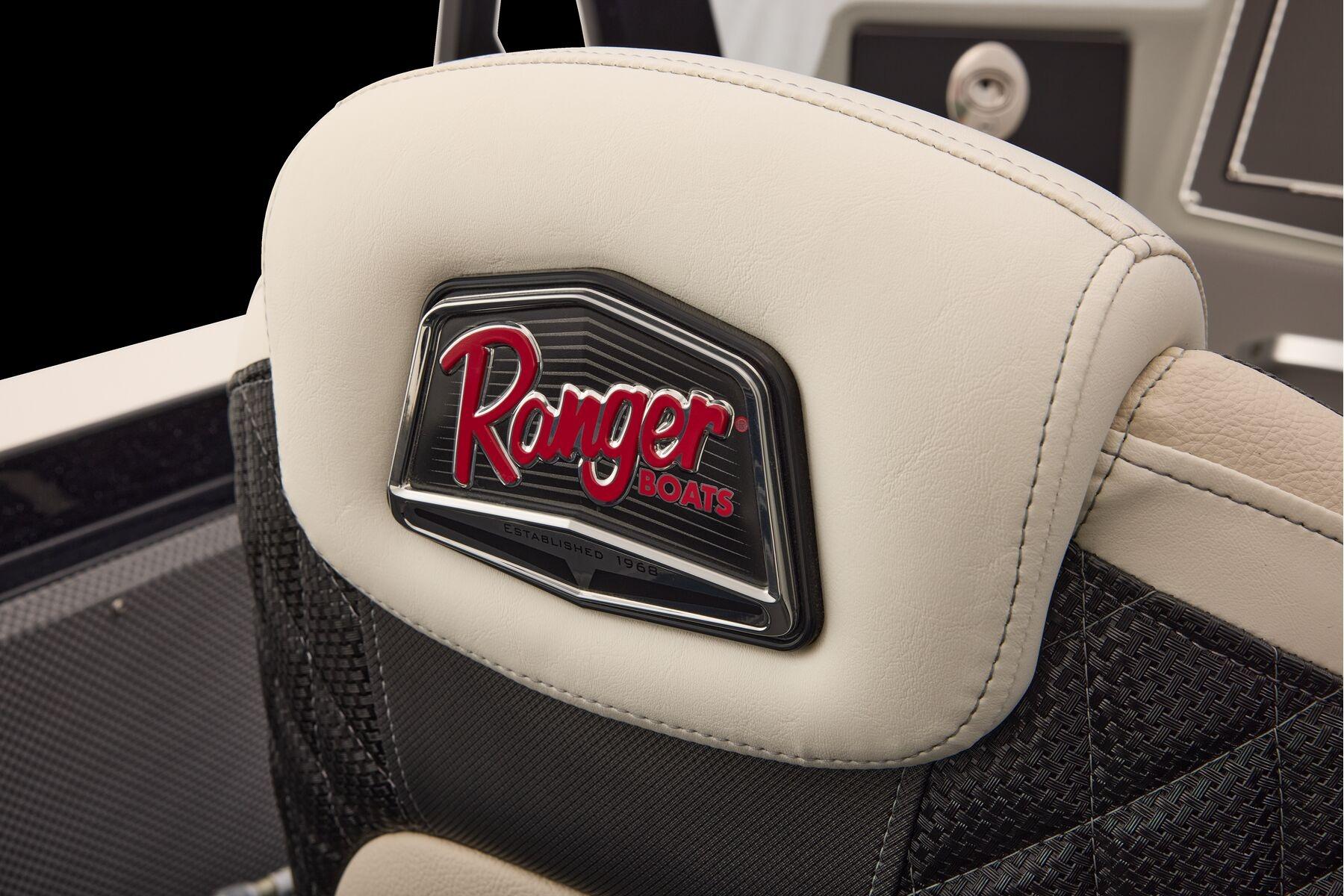 Manufacturer Provided Image: Ranger 620xFS Pro 2026 boat seat with logo detail, featuring premium upholstery.