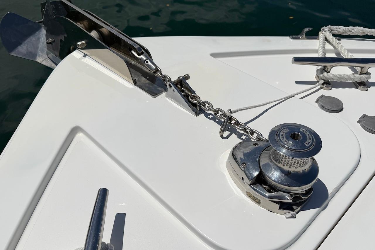Anchor and winch system on 2012 Viking 50 Convertible yacht deck.