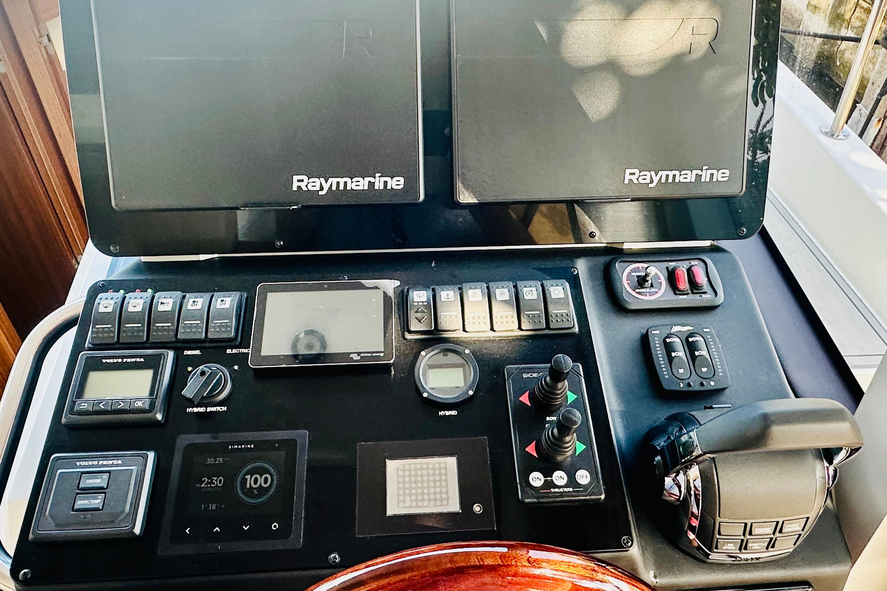 Control panel of 2021 Greenline 39 Hybrid boat with Raymarine navigation systems.