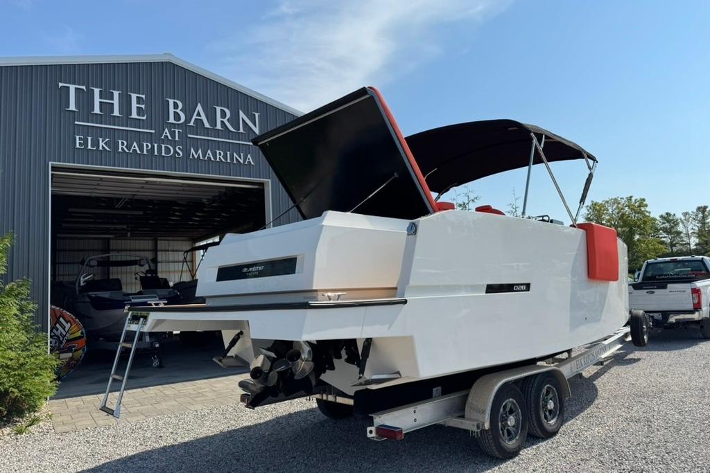 2020 De Antonio Yachts D28 on trailer at Elk Rapids Marina.