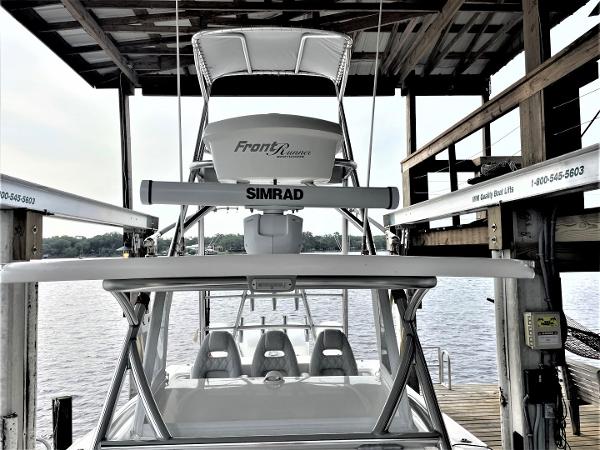 2020 Front Runner 39 Center Console boat docked, featuring Simrad electronics.