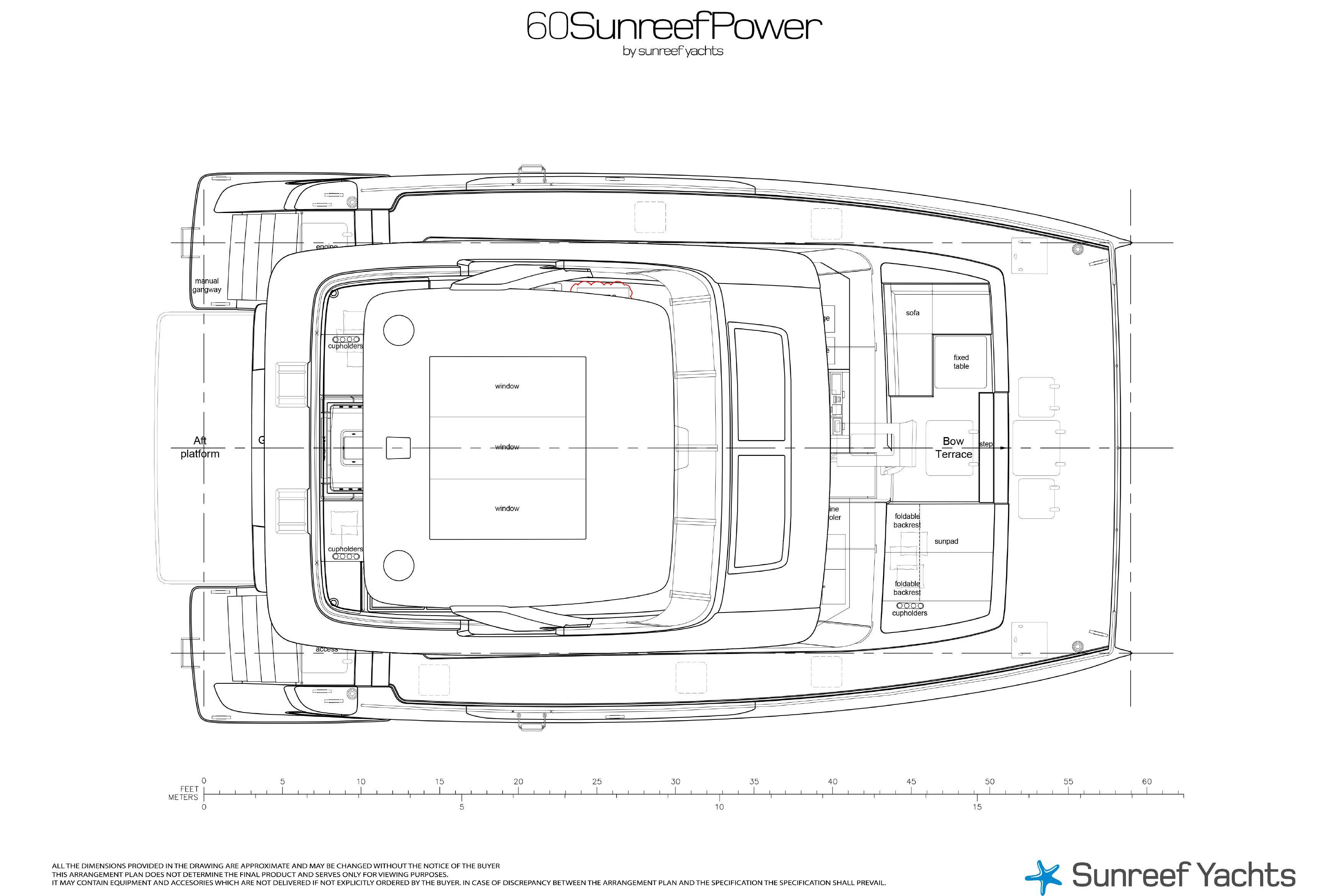 Blueprint of 2026 Sunreef 60 Power yacht, showcasing detailed layout and design features.