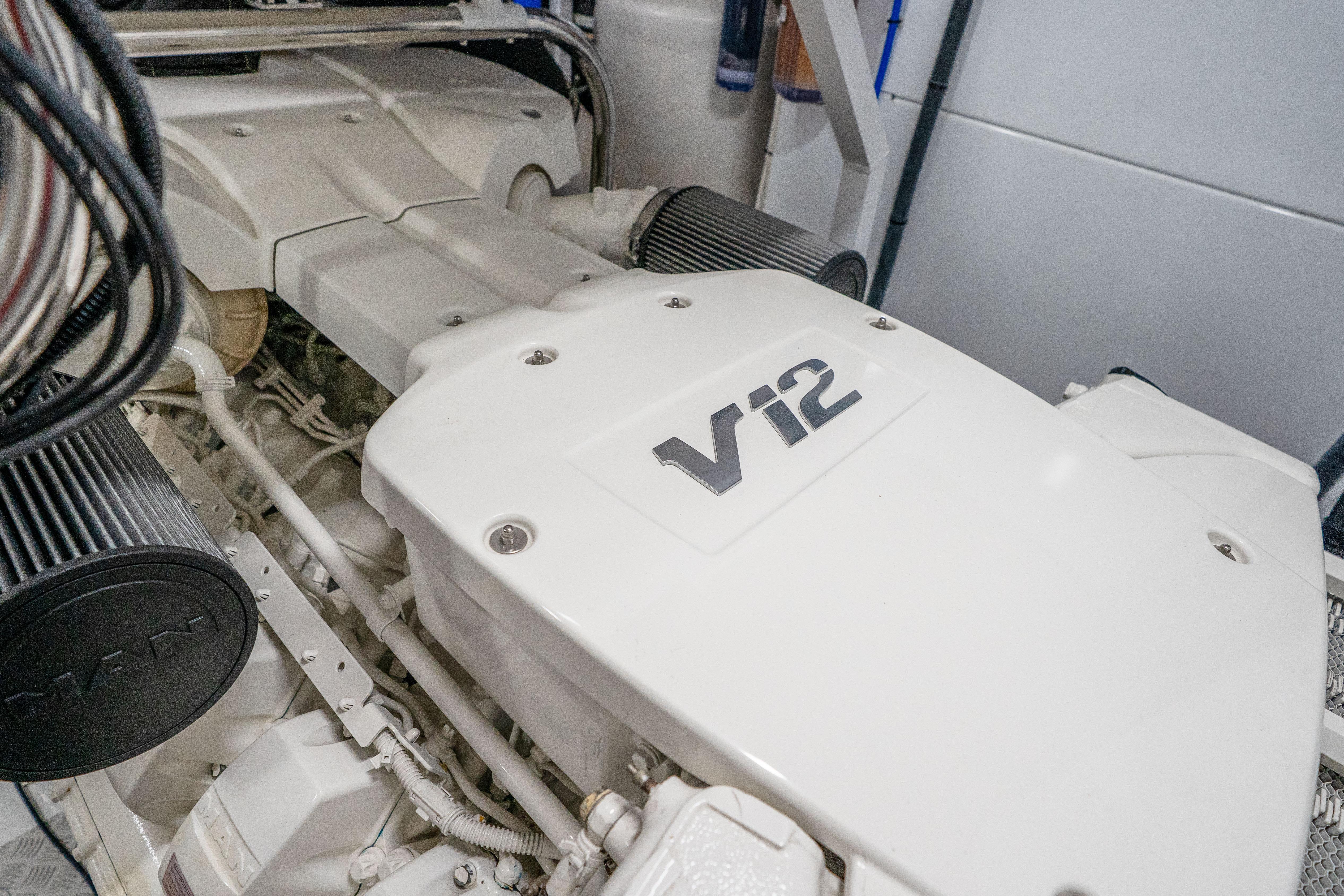 V12 engine of a 2020 Princess Y85 yacht, showcasing power and engineering.