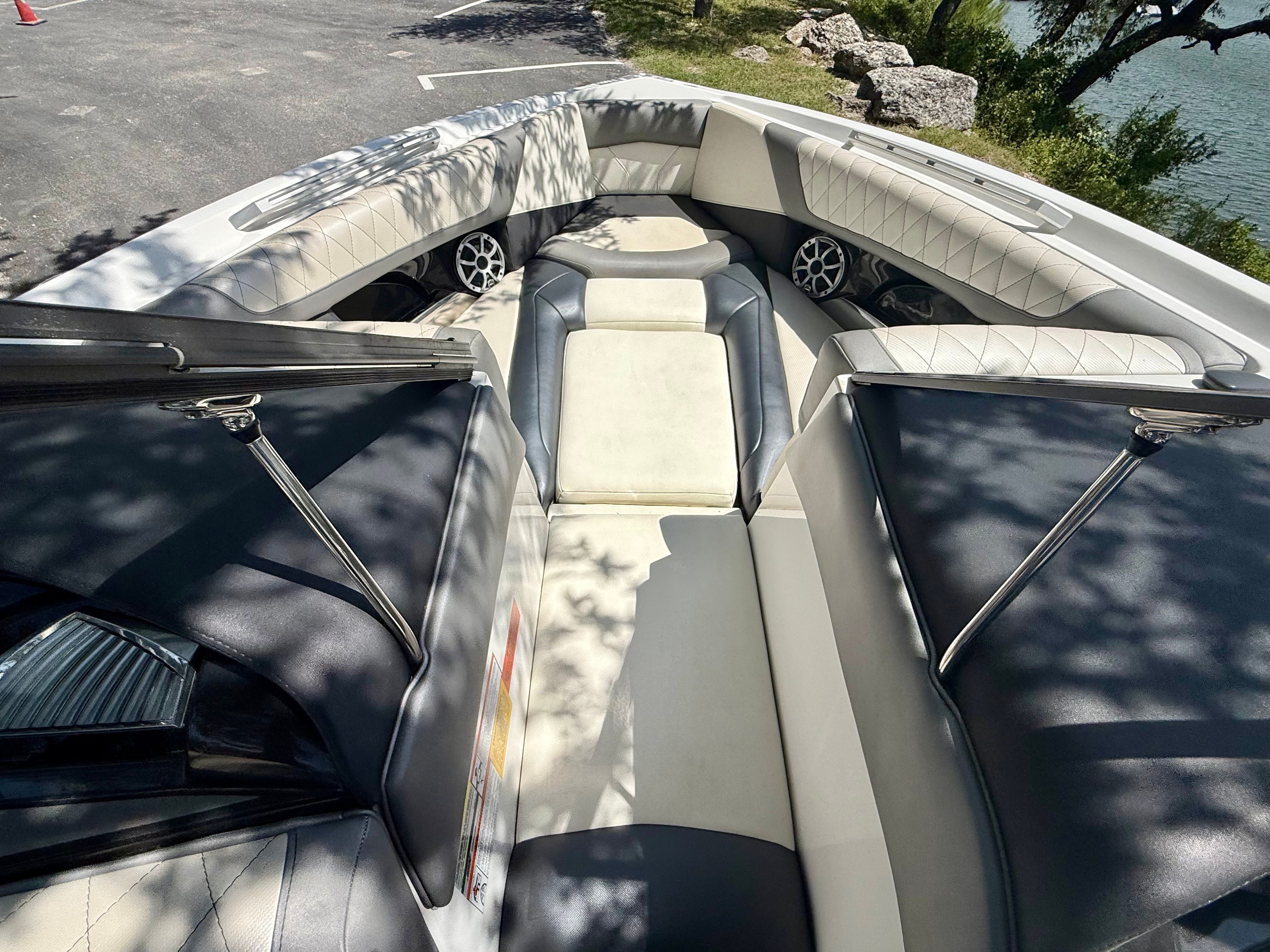The image shows the bow of a 2017 Tigé Z3 boat with cushioned seating.
