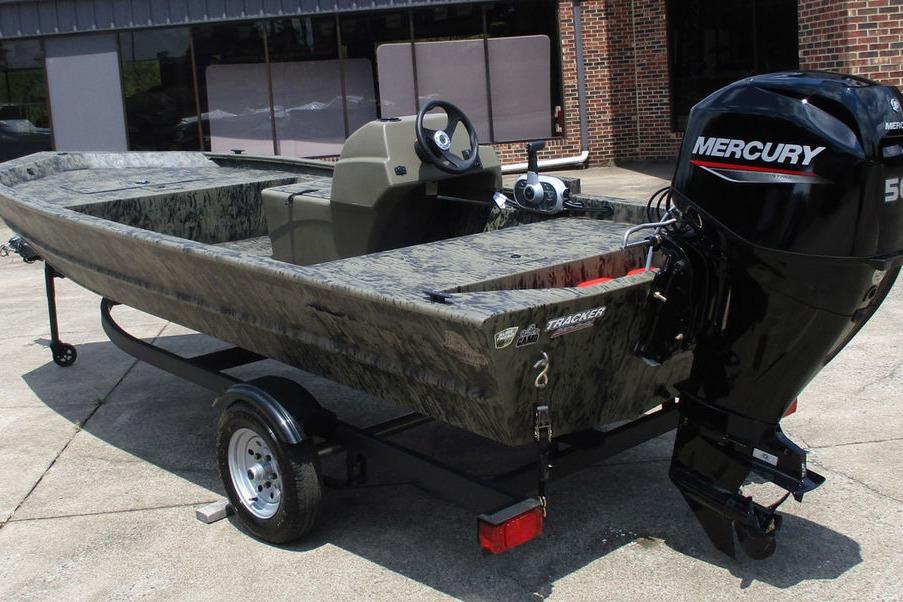 2026 Tracker GRIZZLY® 1648 SC boat with Mercury engine on trailer.