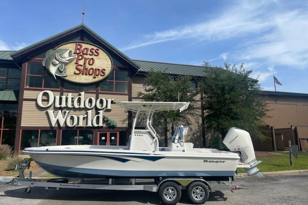 2025 Ranger 2360 Bay boat outside Bass Pro Shops Outdoor World.