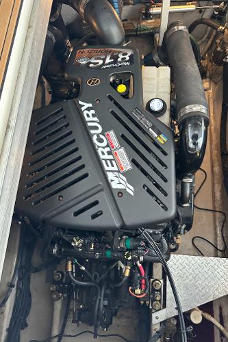 Mercury engine in 2004 Sea Ray 380 Sundancer boat, detailed view.