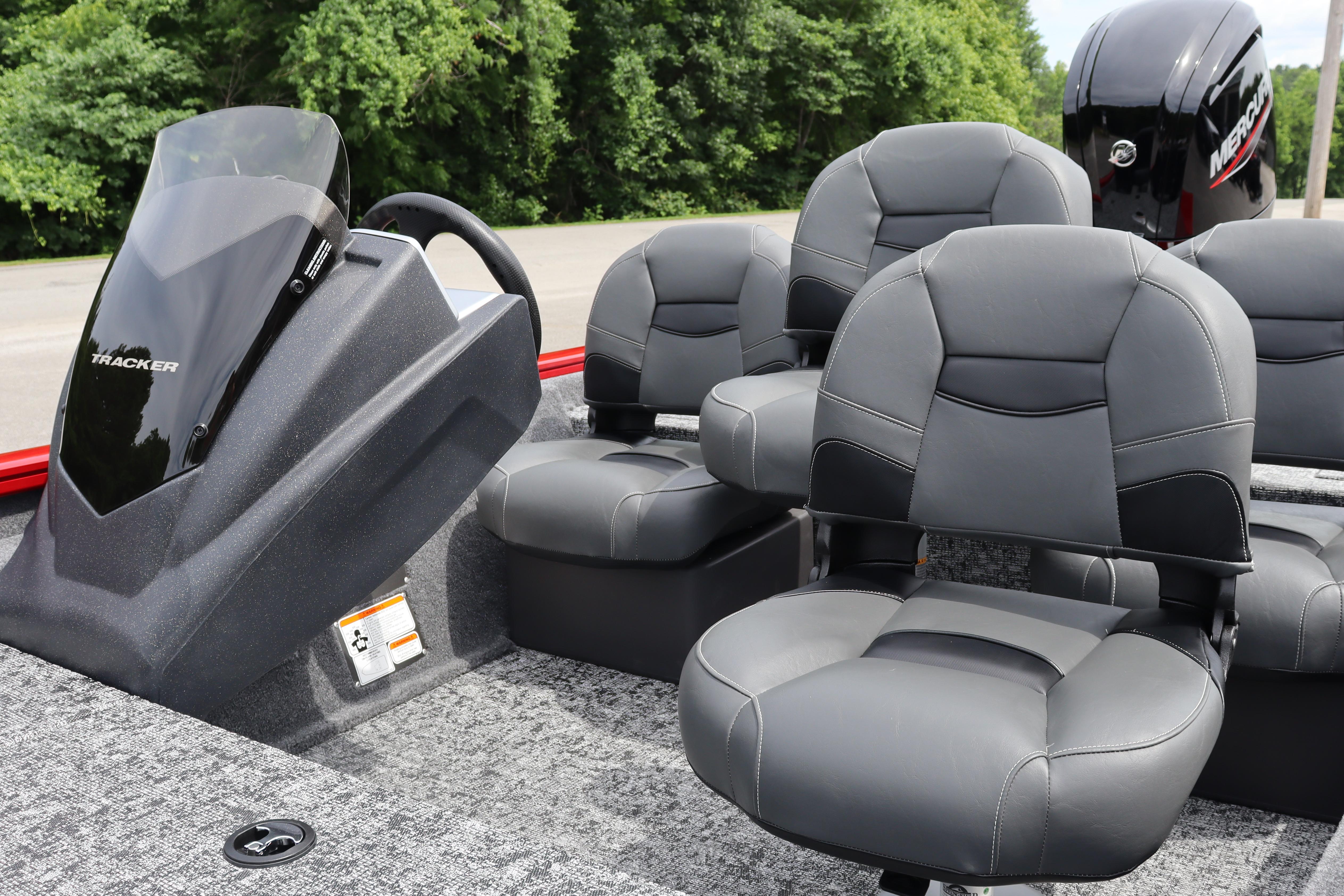 2026 Tracker Pro Team 175 Crappie Edition boat interior with gray seating and console.