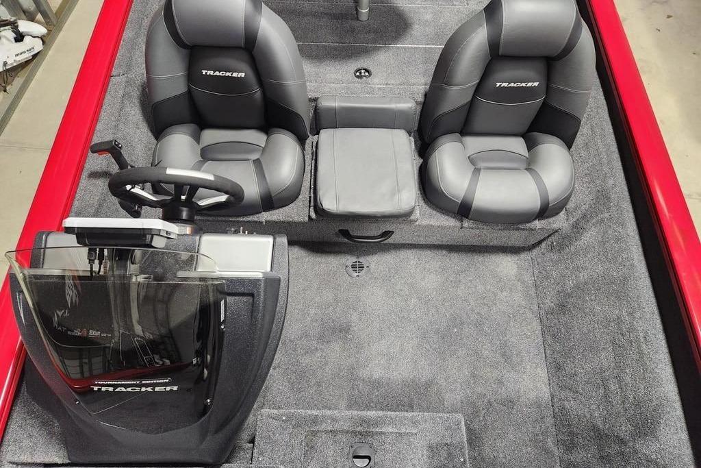 2026 Tracker Pro Team 175 boat interior with dual seats and steering console.