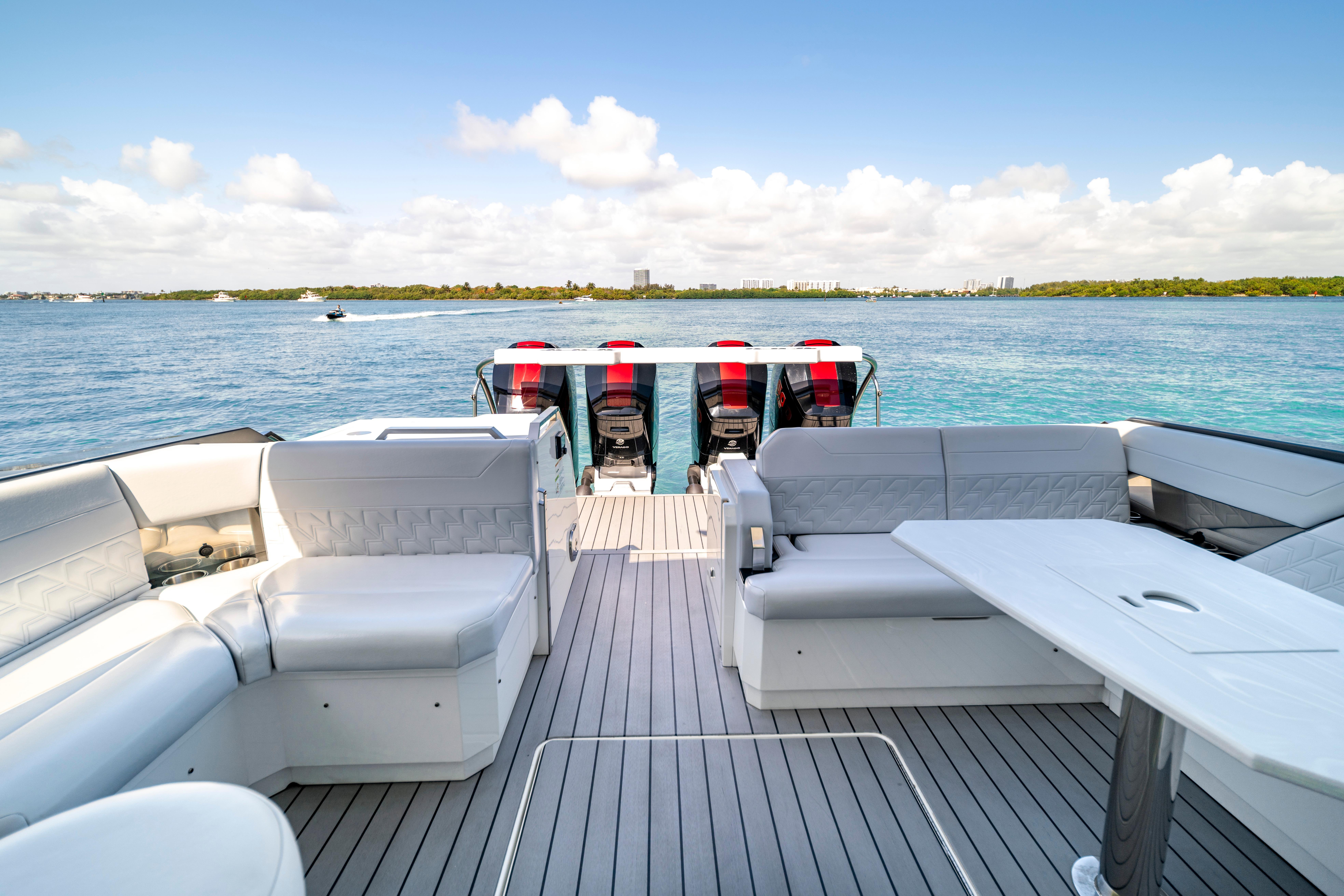 Luxurious 2022 Formula 500 Super Sport Crossover yacht interior with scenic ocean view.