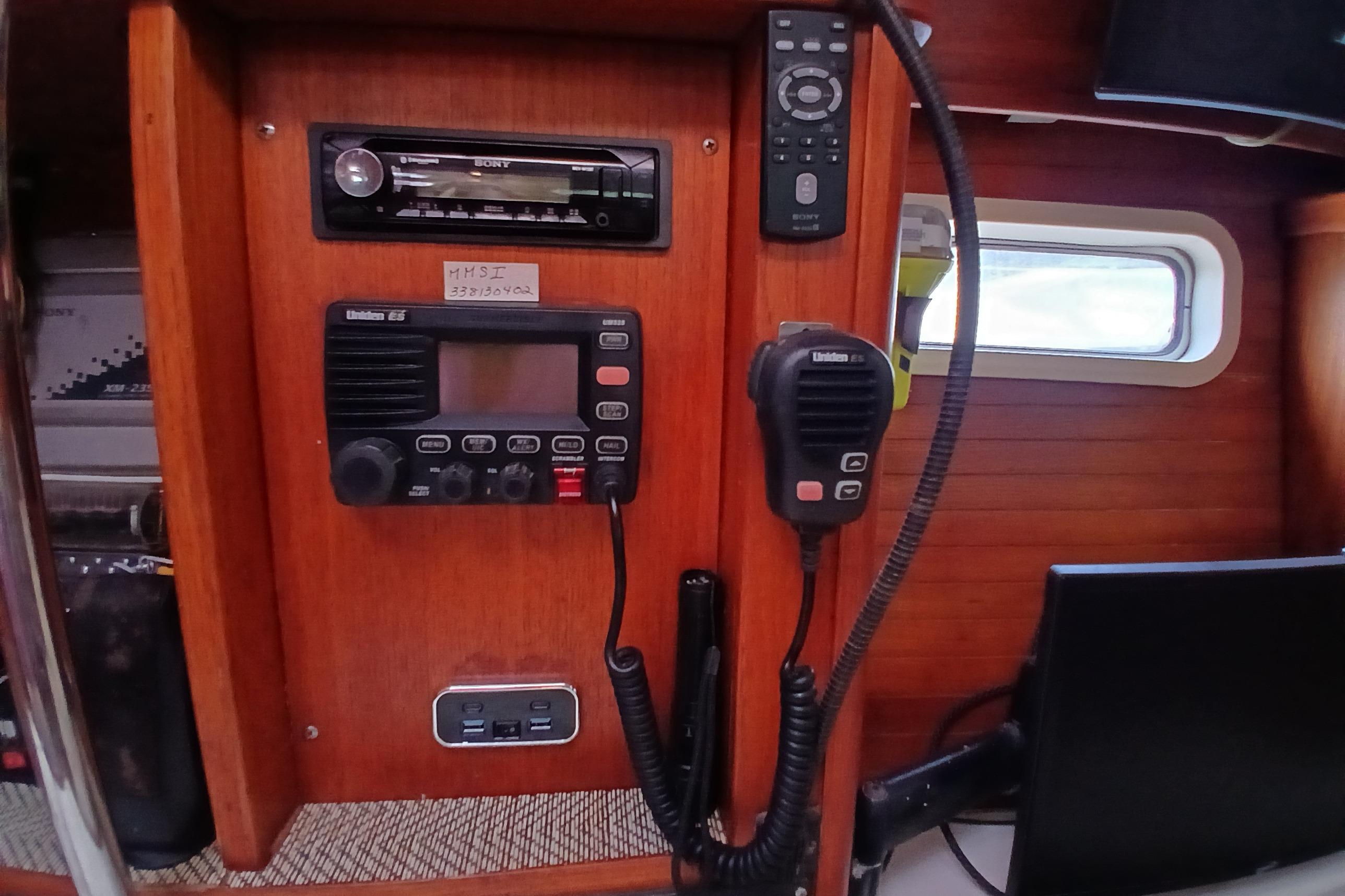 Interior of a 1995 Catalina 42 MkII sailboat with radio and control panel.