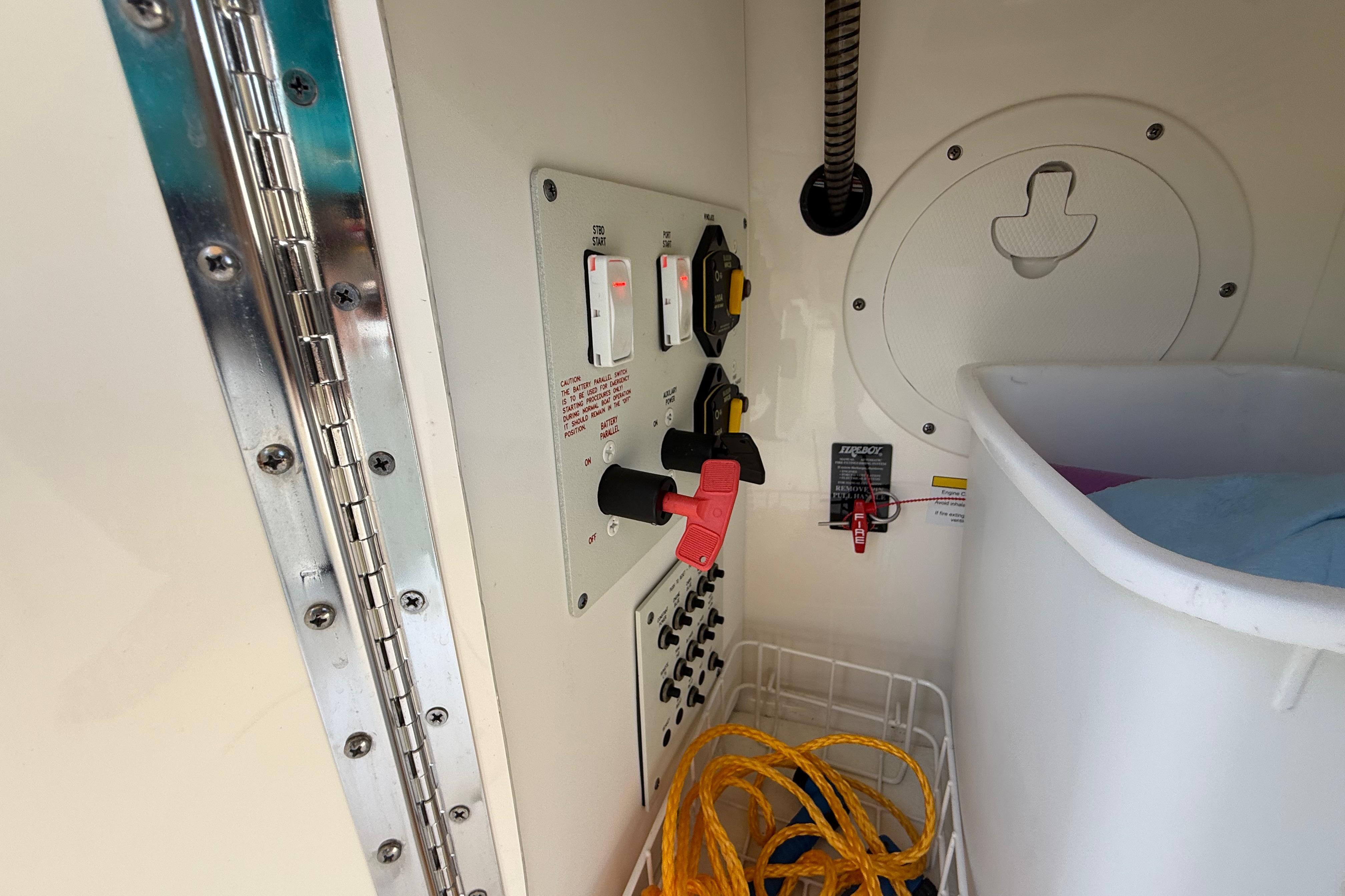 Control panel and storage area inside a 2015 Formula 310 Bowrider boat.