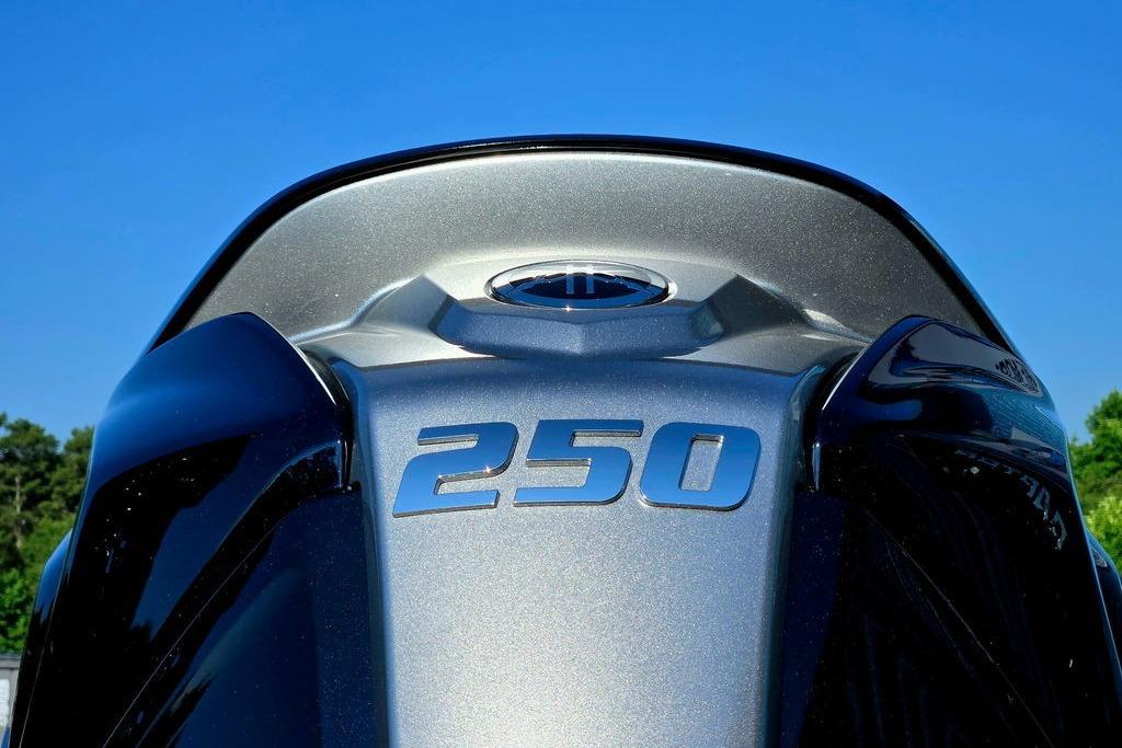 Close-up of 2026 Skeeter ZXE20 engine with "250" marking against blue sky.