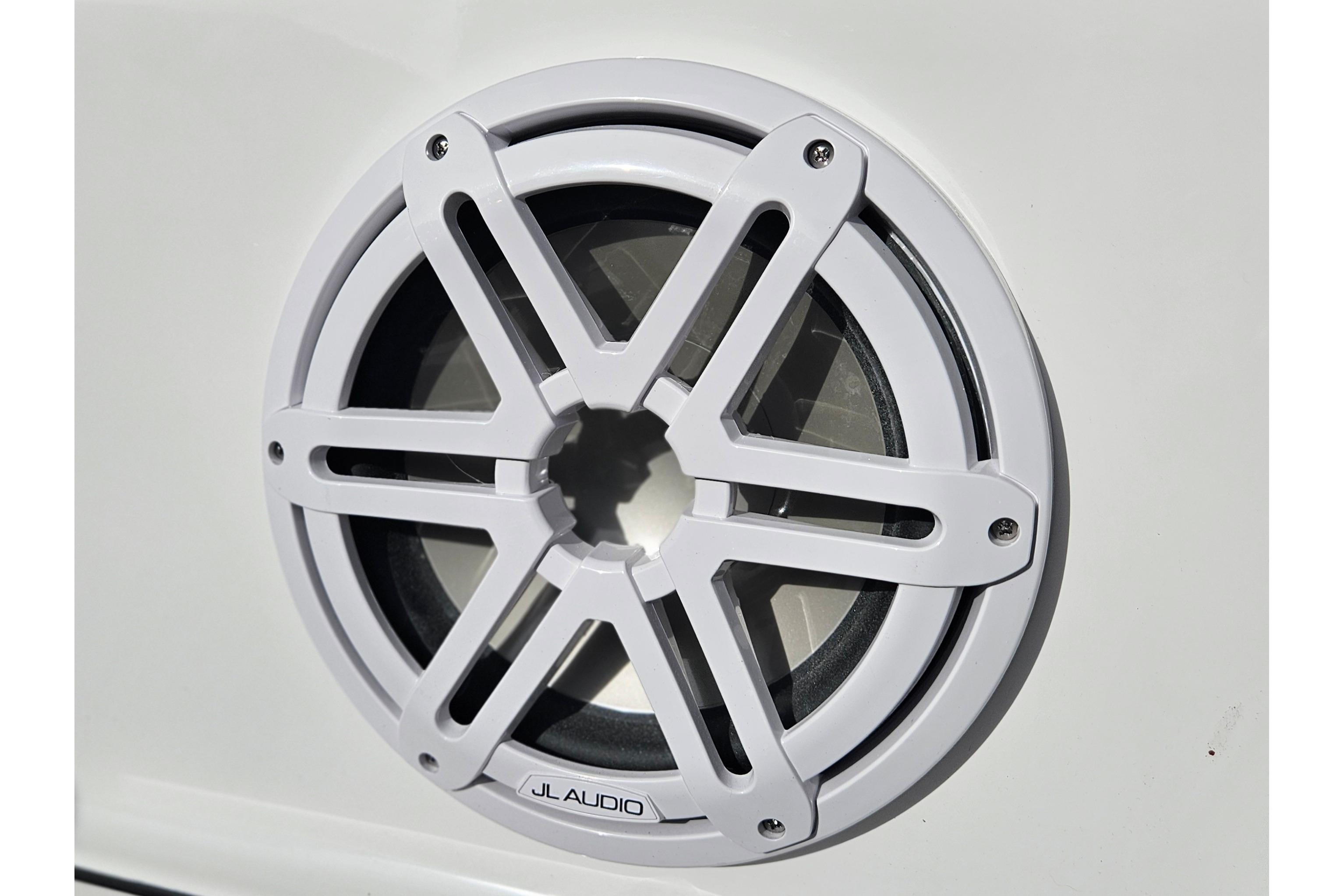 Close-up of JL Audio speaker on 2026 Monterey Elite 27 OB boat.
