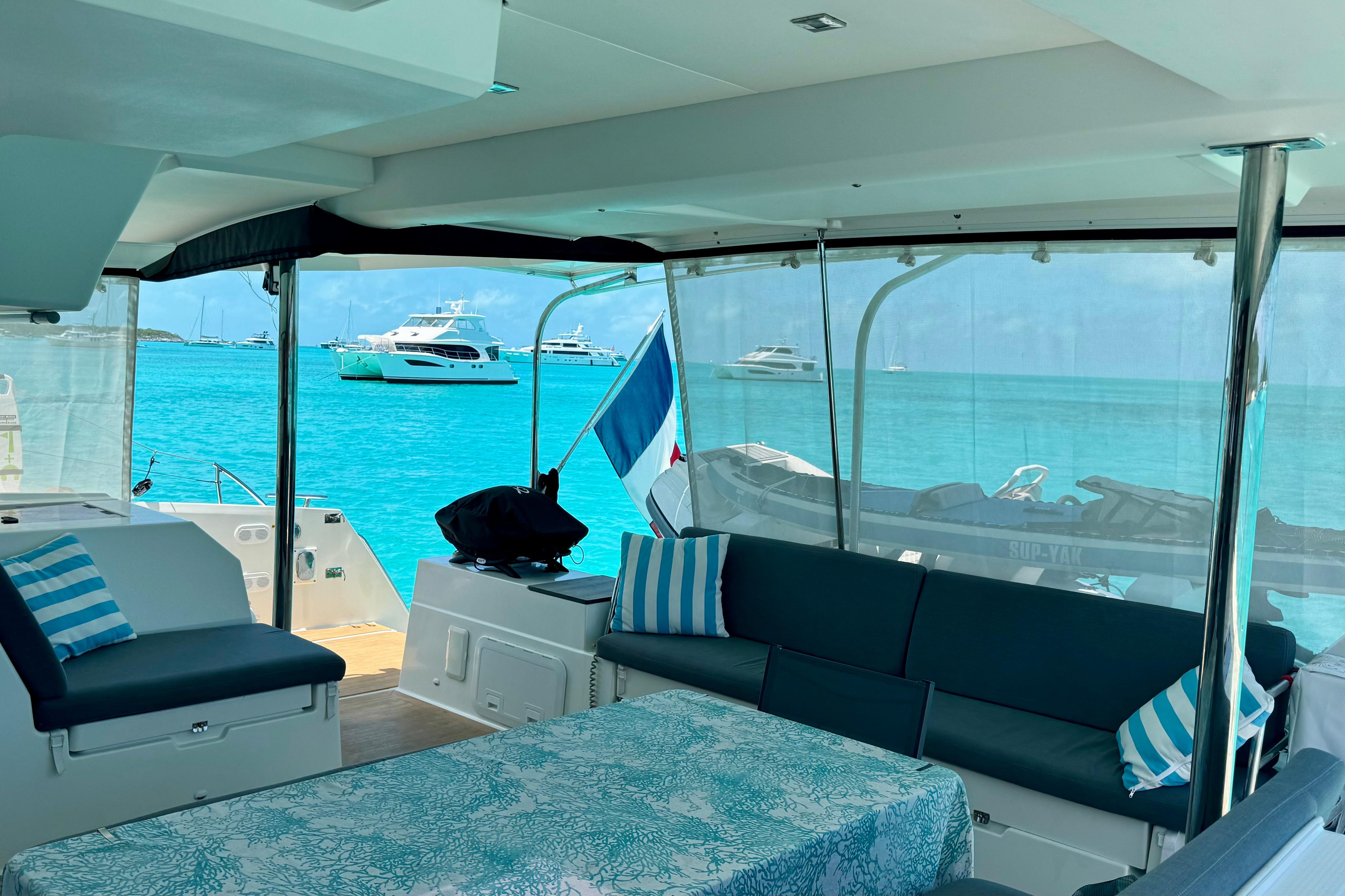 Interior view of 2020 Fountaine Pajot Saona 47 yacht with ocean backdrop.
