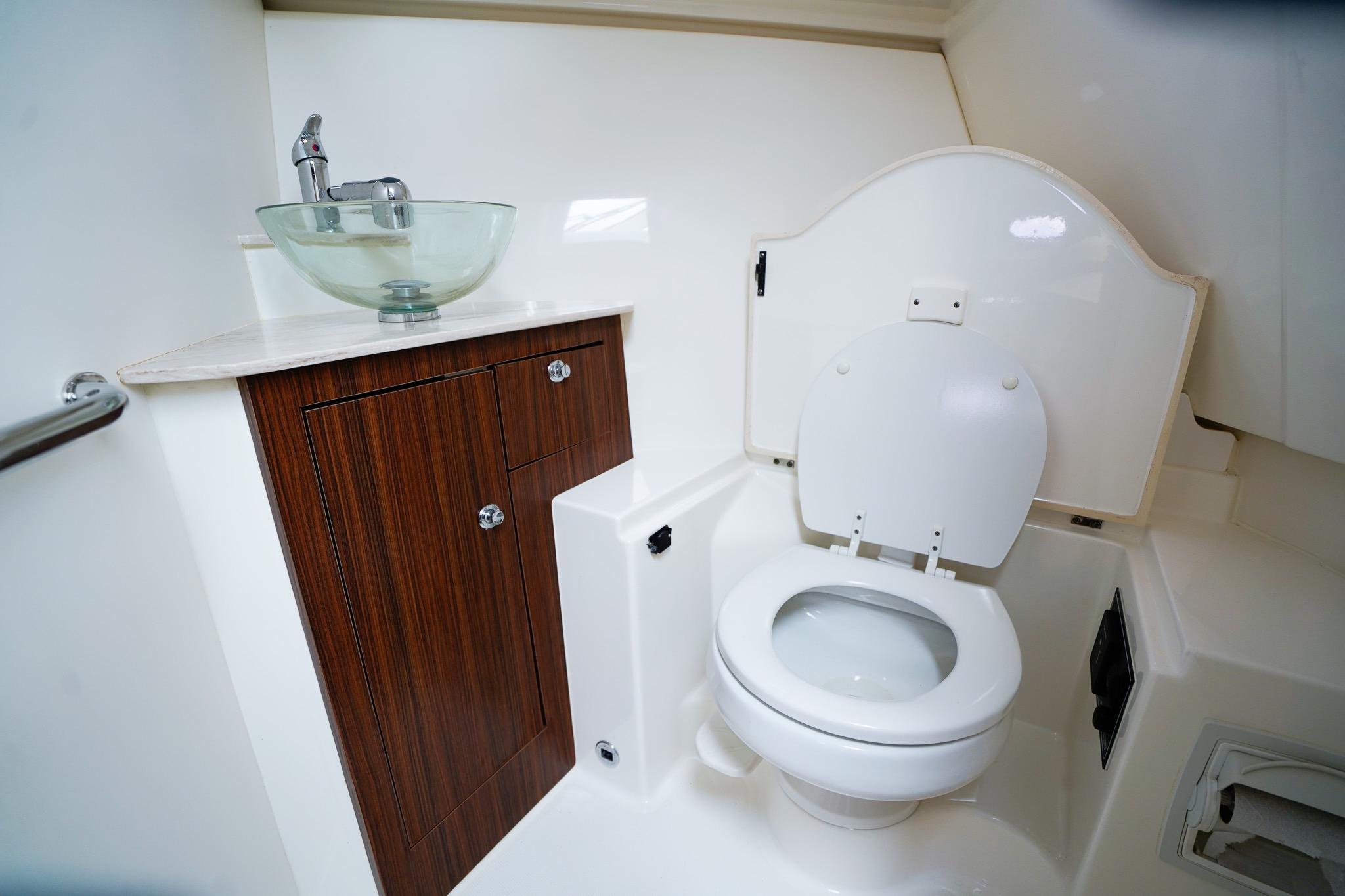 2020 Pursuit OS 325 Offshore boat bathroom with modern sink and toilet.