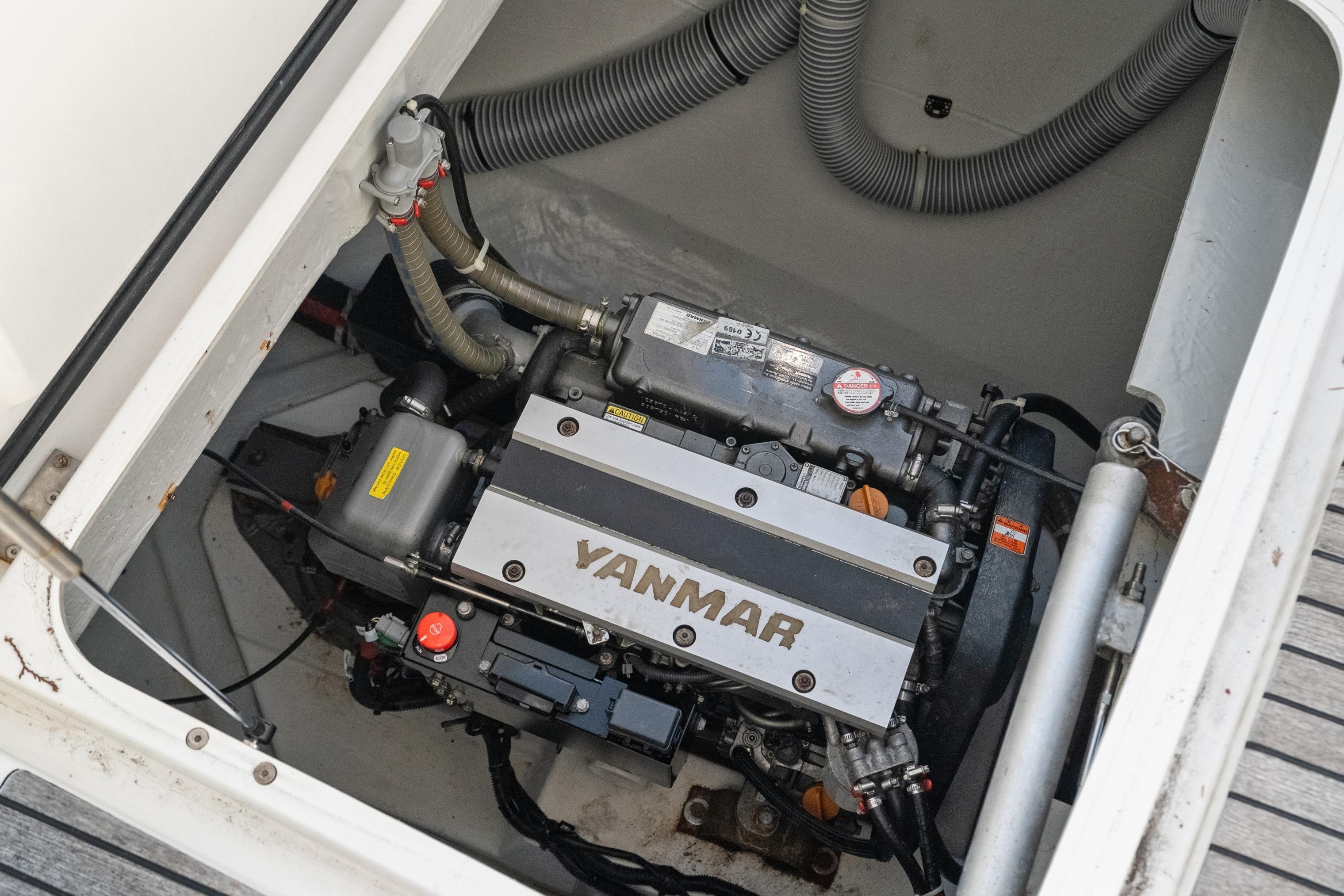 Yanmar engine in 2020 Lagoon 42 catamaran, showcasing detailed mechanical components.