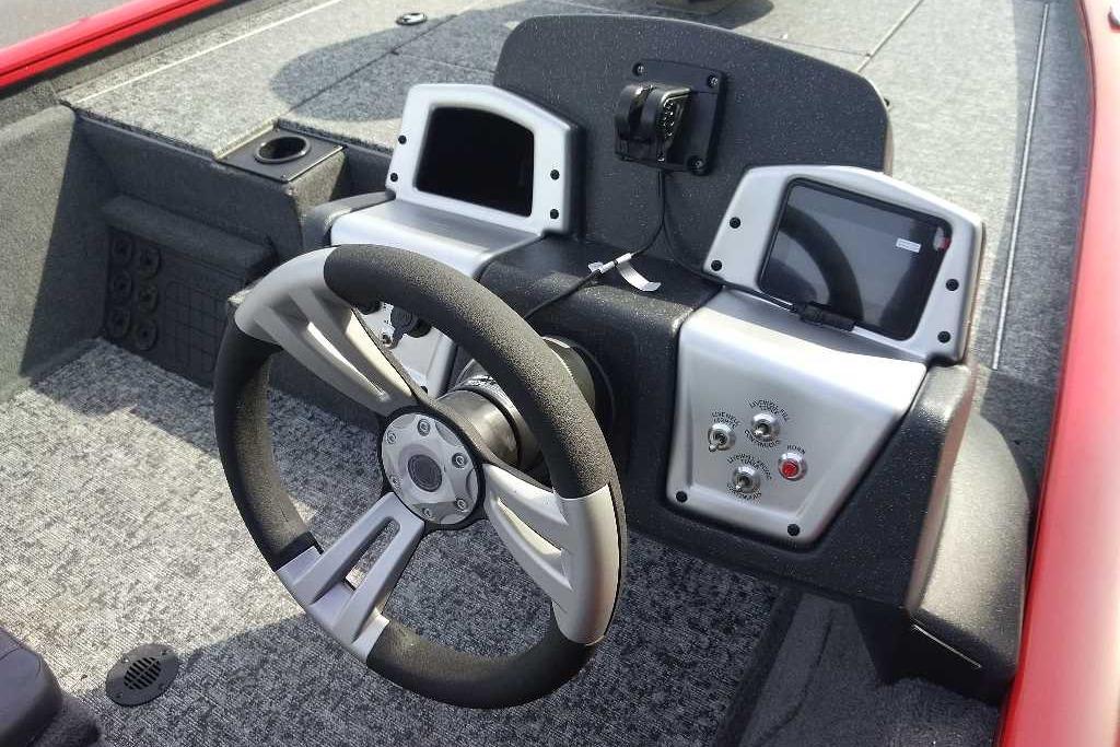 Steering console of 2026 Tracker Pro Team 195 boat with modern controls and displays.