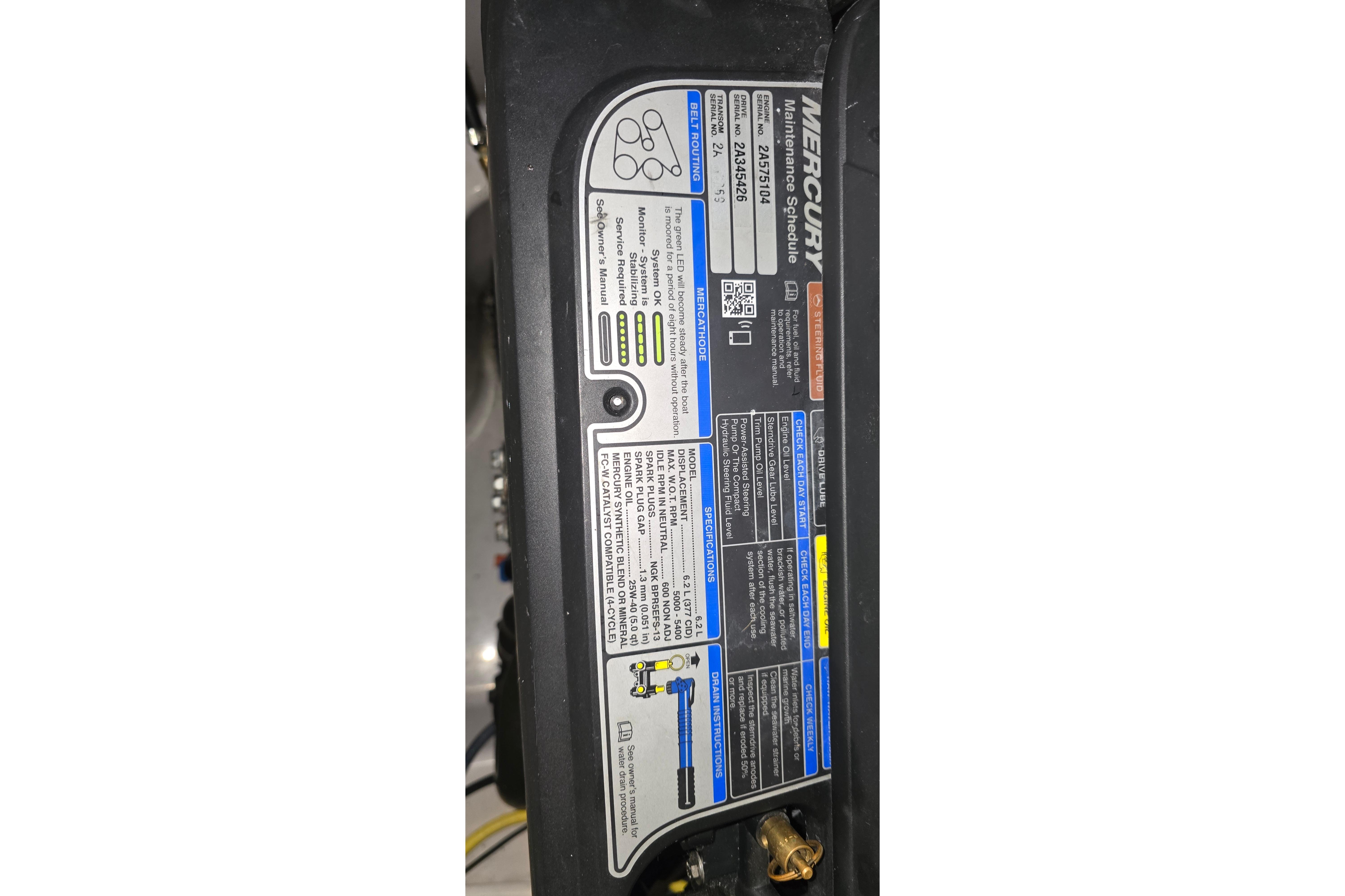 Mercury engine maintenance label on 2018 Four Winns V355 boat.
