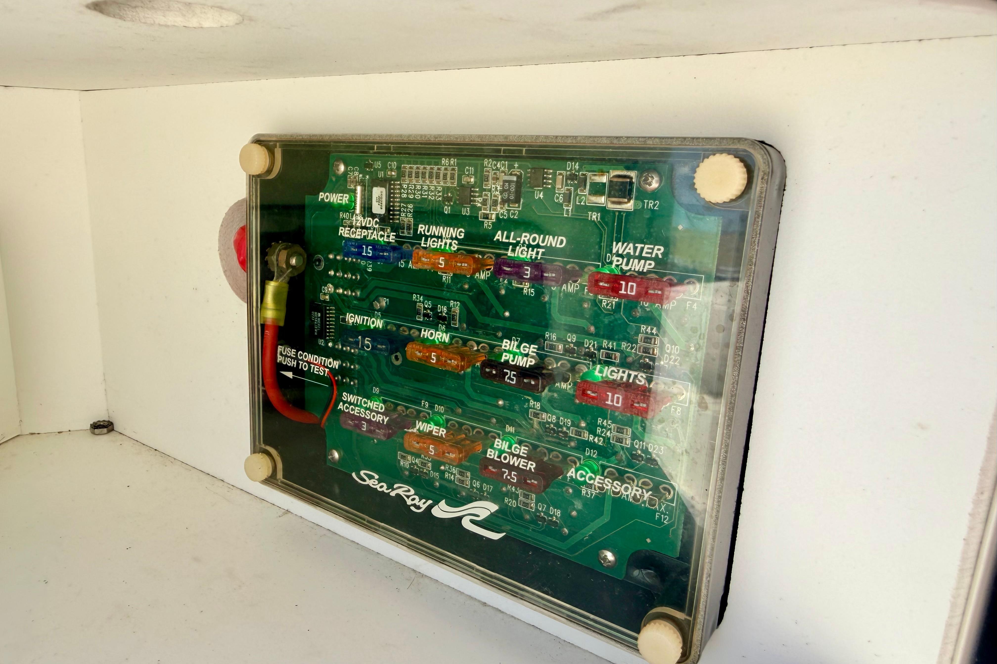 Electrical fuse panel of a 2003 Sea Ray 200 Sundeck boat.