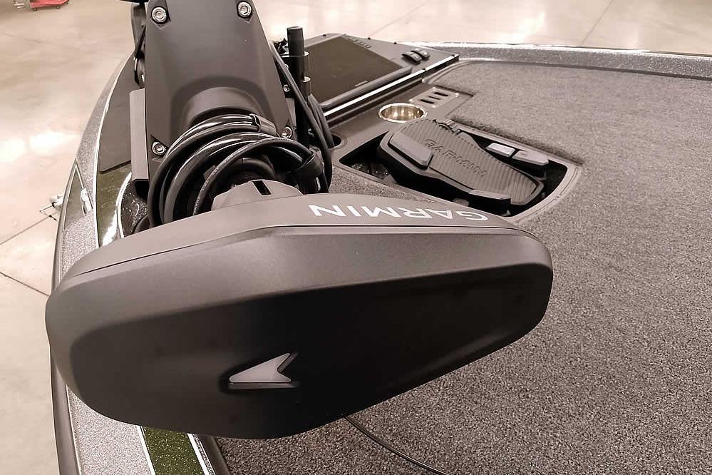 2026 Ranger Z519R Cup-Equipped boat with Garmin trolling motor on deck.