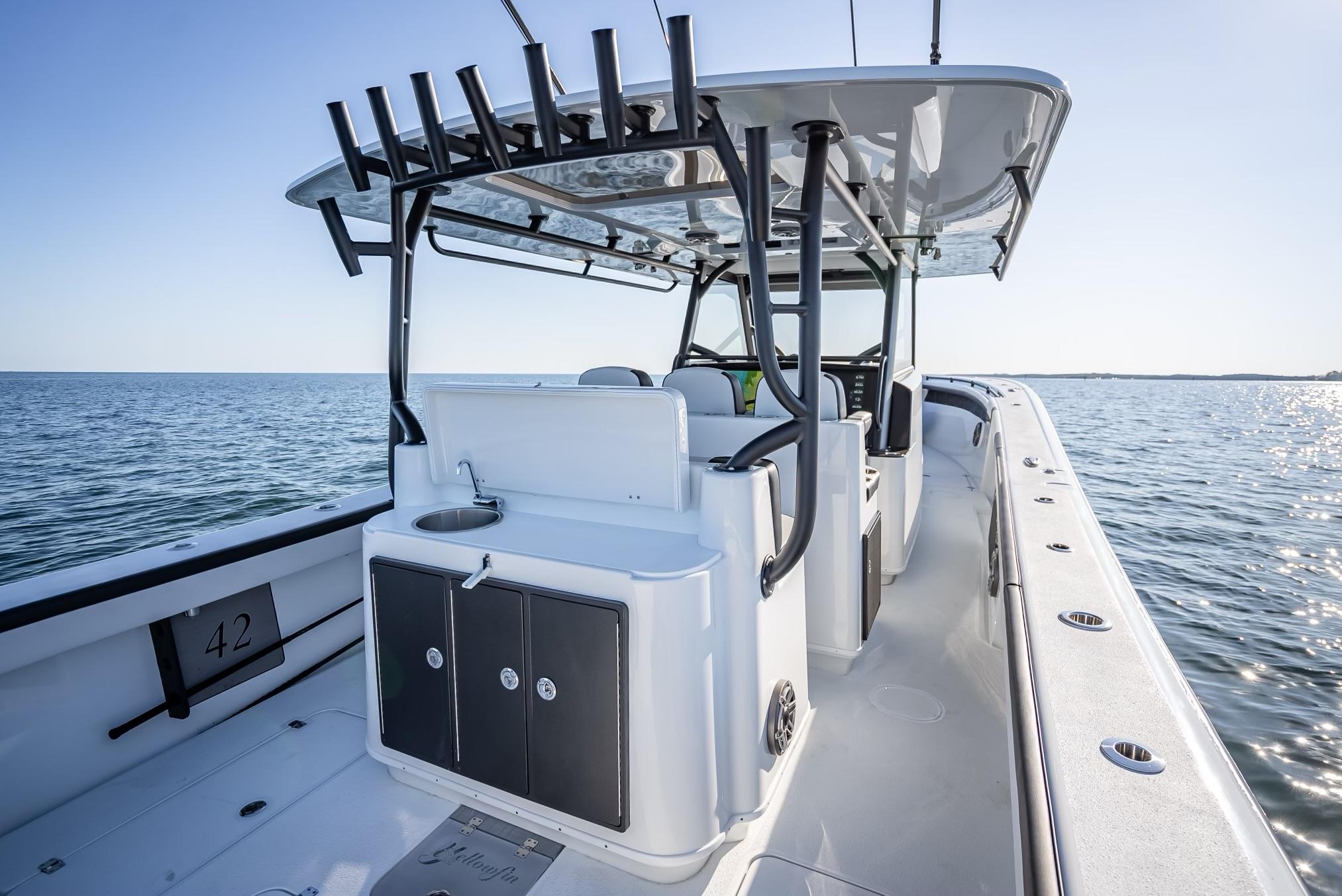 2024 Yellowfin 42 boat interior on open water.