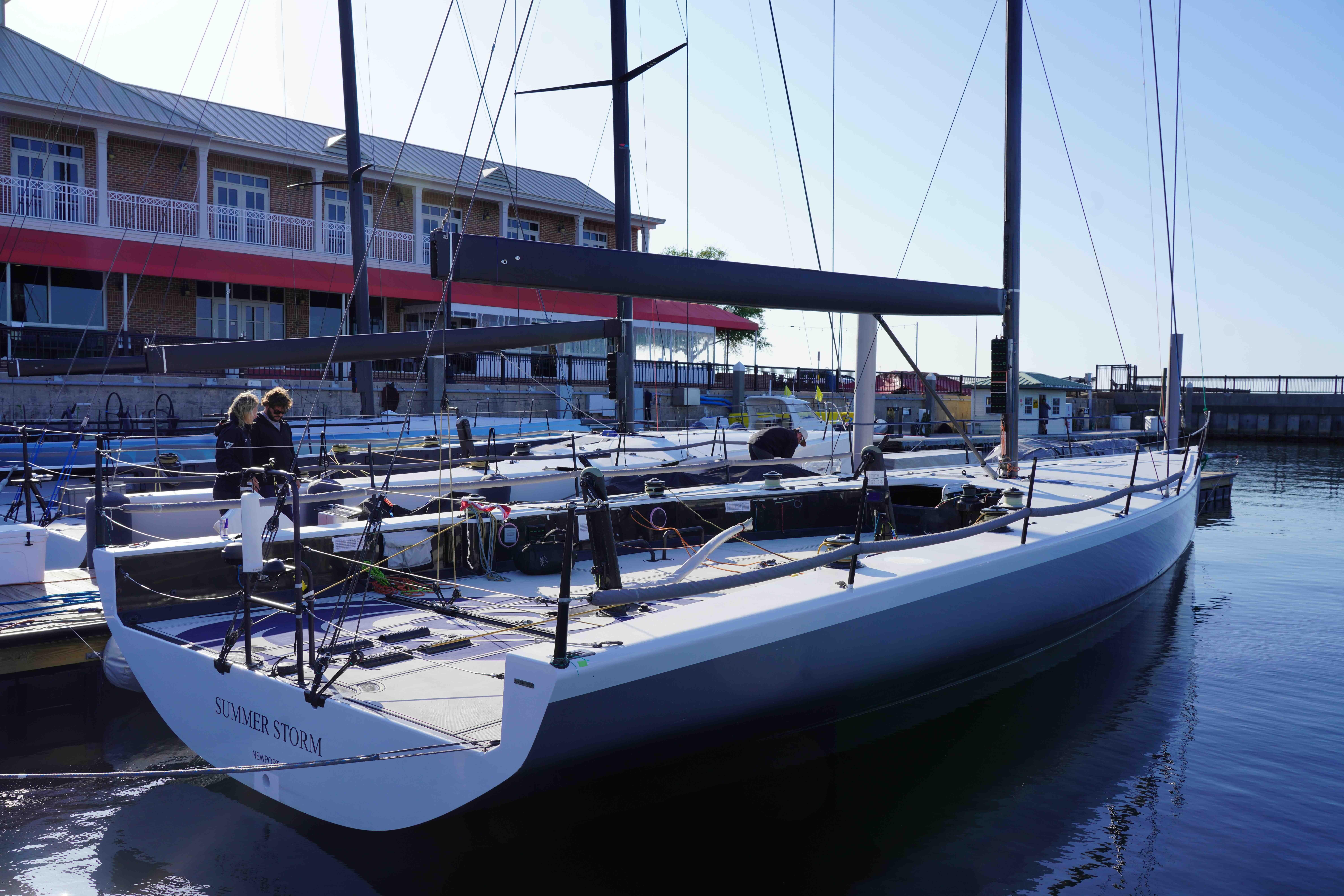 2015 TP 52 Judel Vrolijk yacht docked at marina, named "Summer Storm".