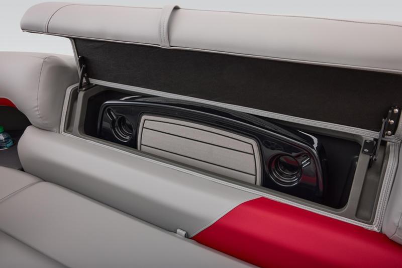 2026 Sun Tracker Party Barge 22 DLX storage compartment with sleek design and cup holder.