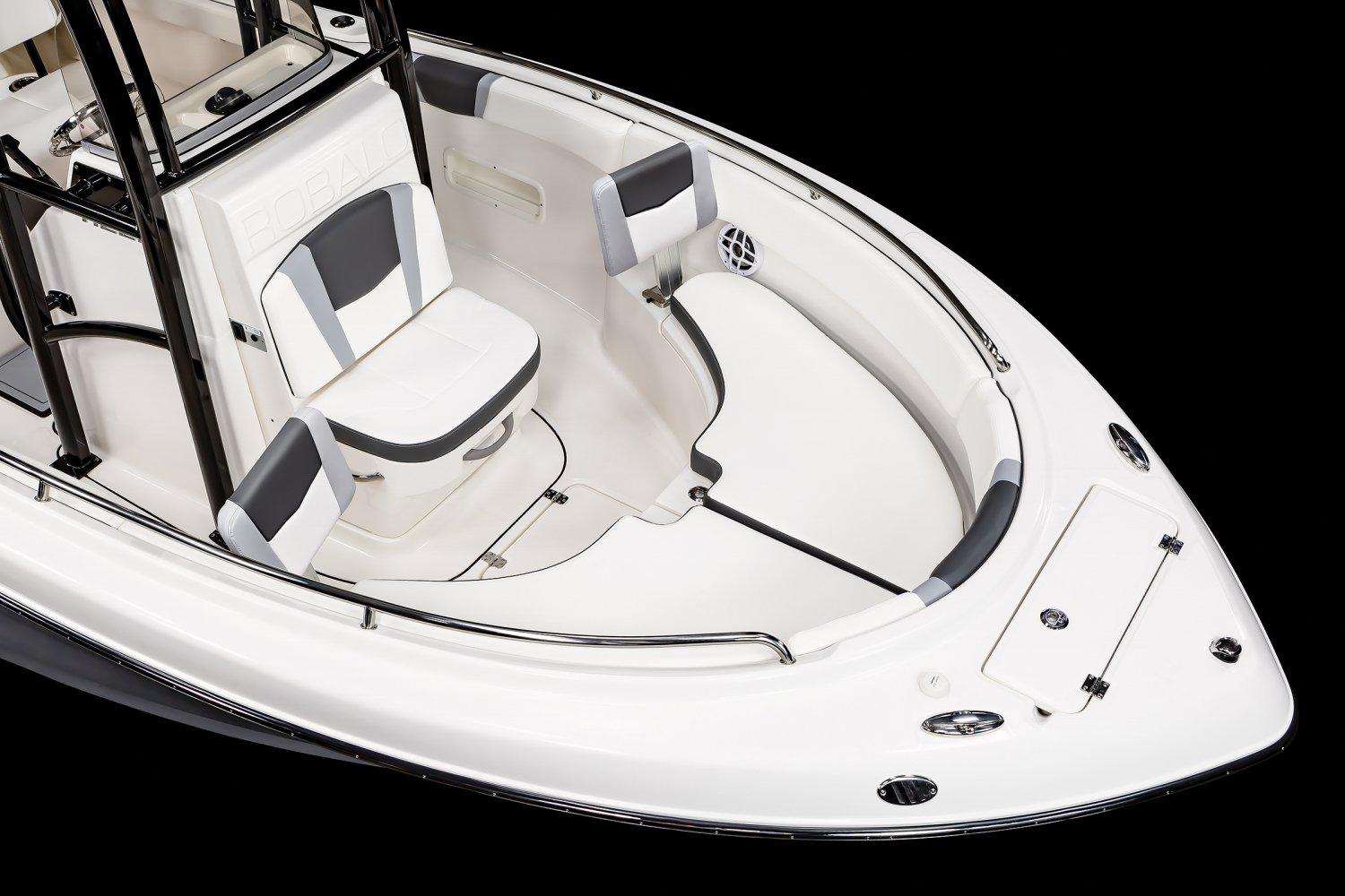 Manufacturer Provided Image: 2025 Robalo R222 Center Console boat interior with seating and storage compartments.