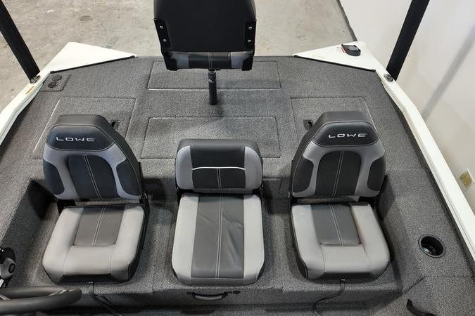 2024 Lowe Stinger 188 boat interior with three gray seats.