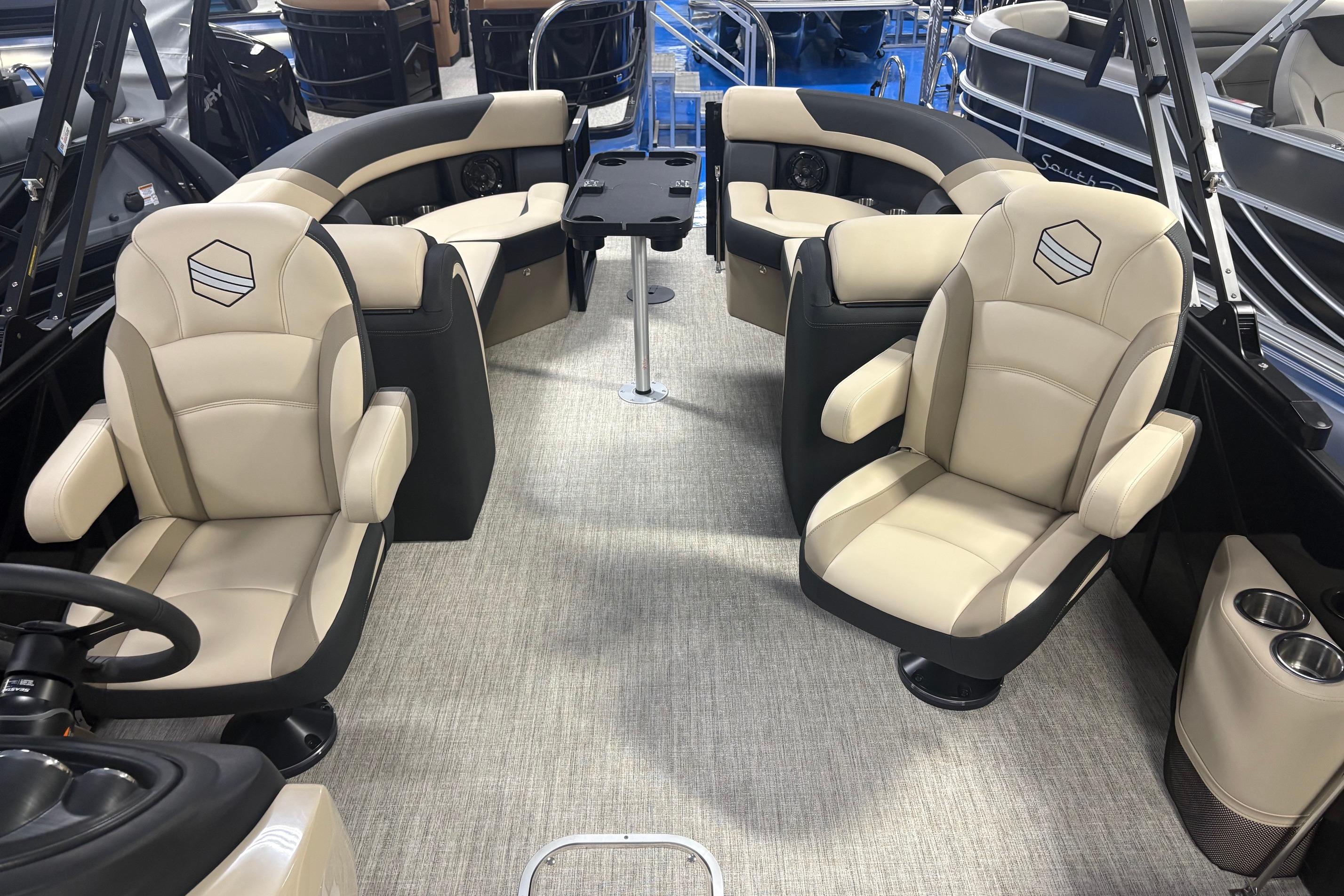 Interior of 2026 South Bay S224RS pontoon boat with luxurious seating and modern design.