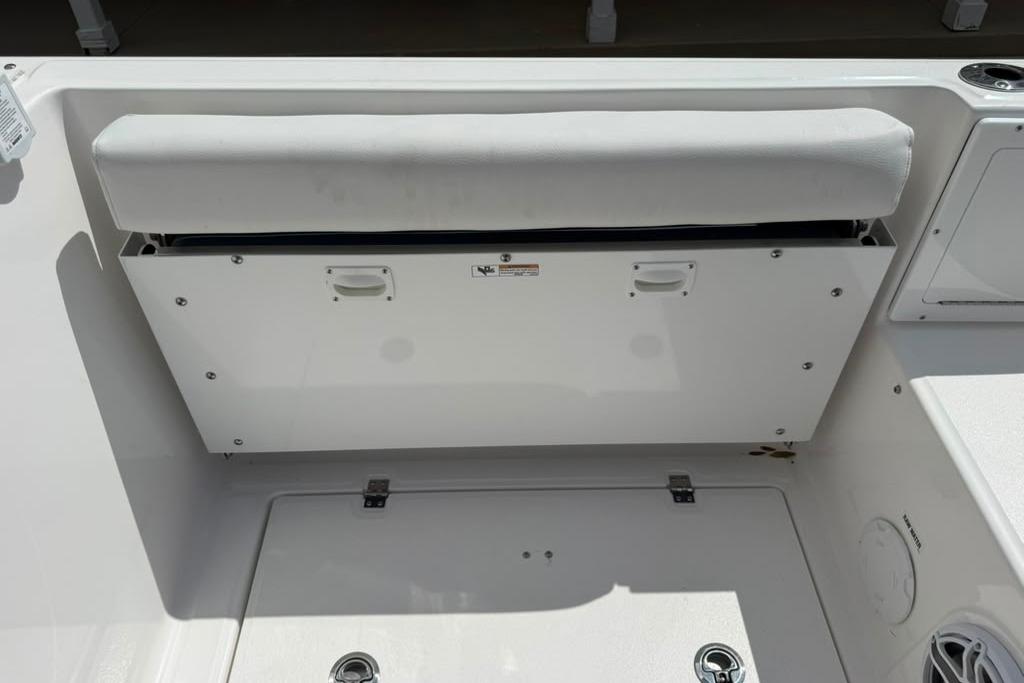 2026 Sea Fox 288 Traveler boat seat and storage compartment detail.
