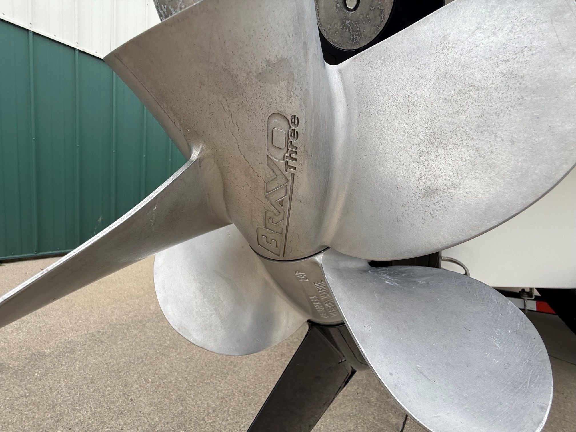 Close-up of Bravo Three boat propeller, 1998 Formula Thunderbird.
