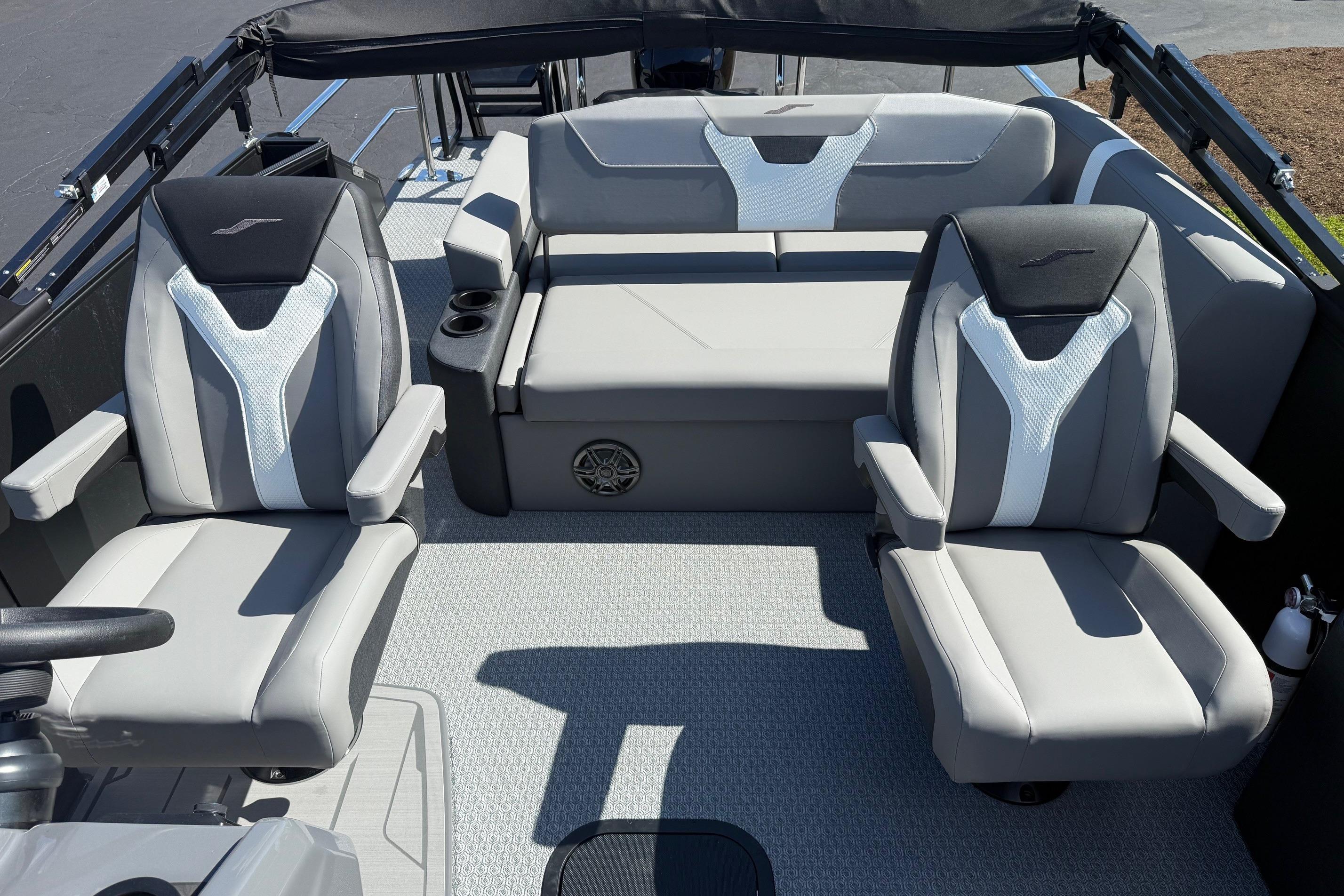 Interior of 2026 Evotti 521CS boat with modern seating and sleek design.