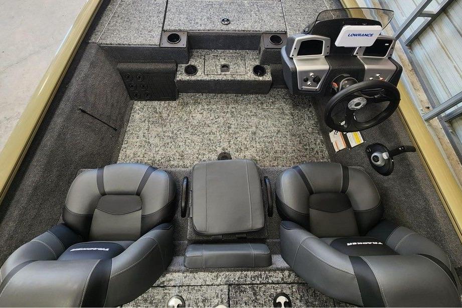 2026 Tracker Pro Team 195 boat interior with dual seats and steering console.