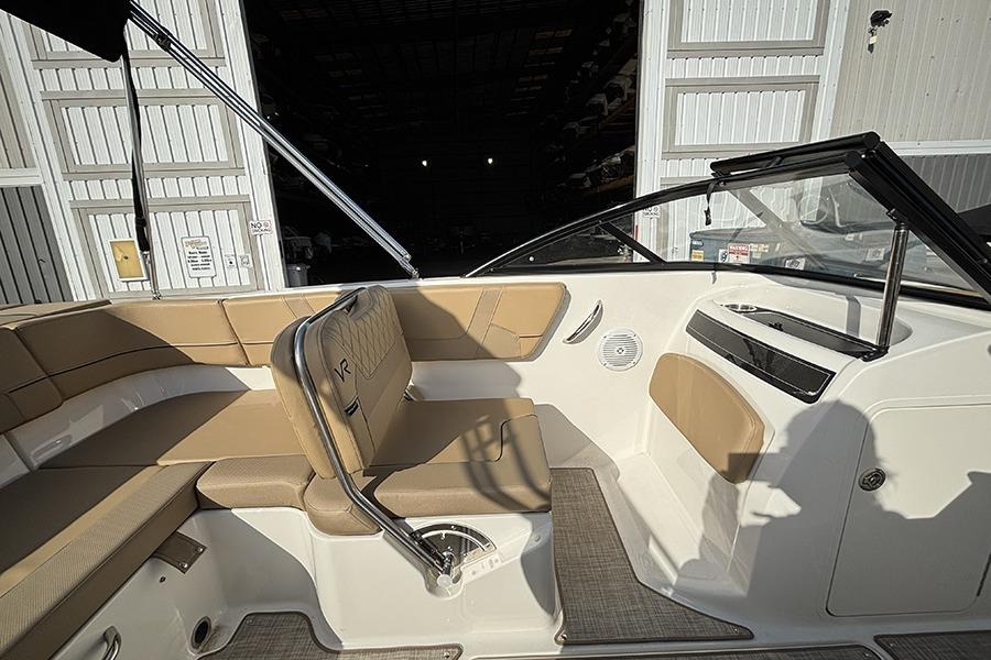 2023 Bayliner VR5 Bowrider OB interior with tan seating and modern design.