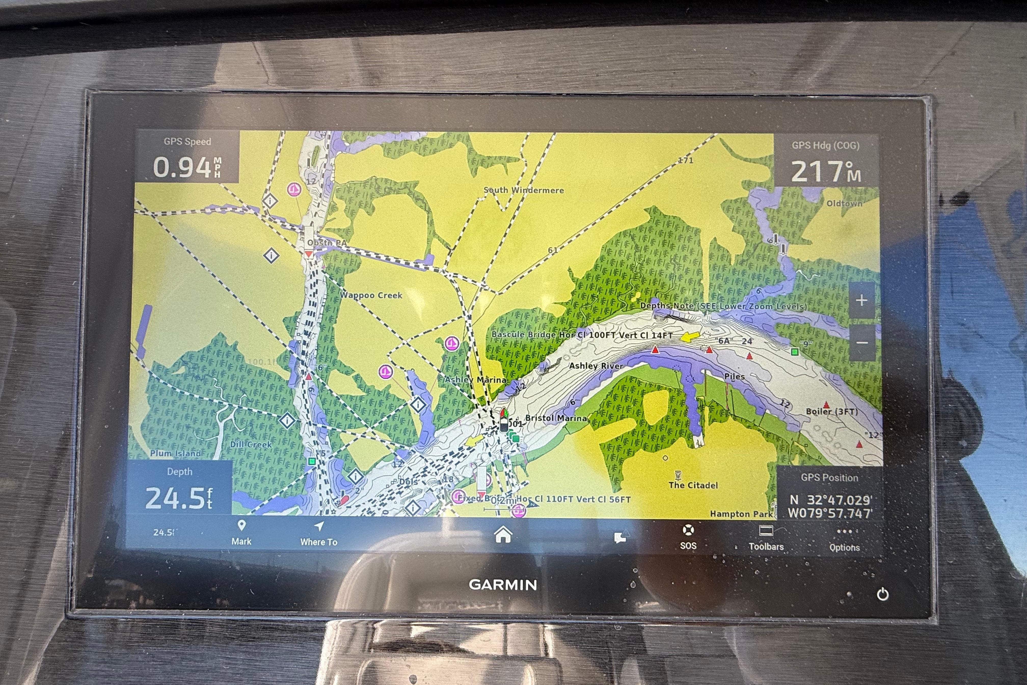 Garmin GPS display on 2022 Regulator 34 boat showing navigation map and data.
