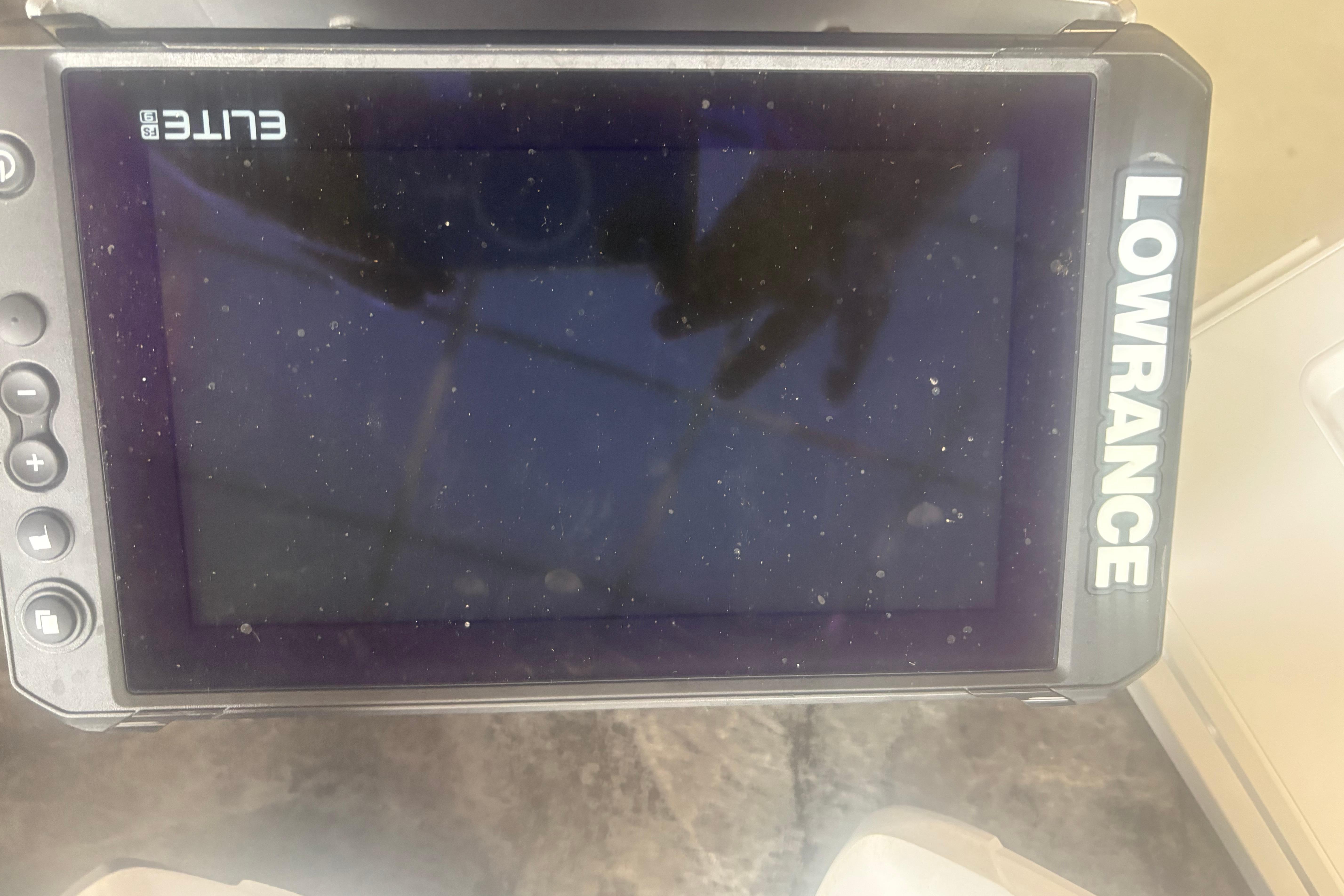 Lowrance Elite fish finder on a 2020 Bass Tracker III Classic boat.